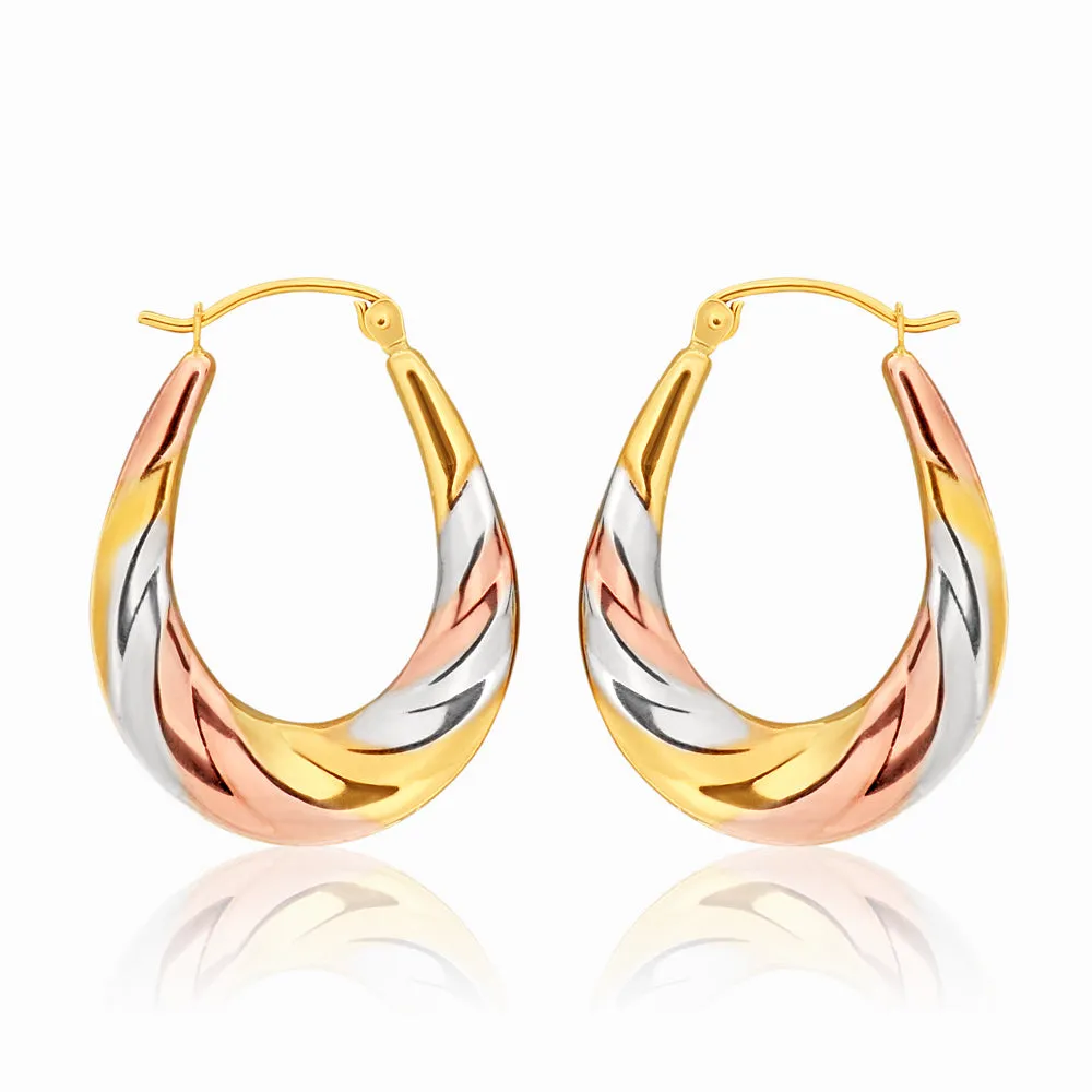 9ct three tone gold 13mm creoles with a twist