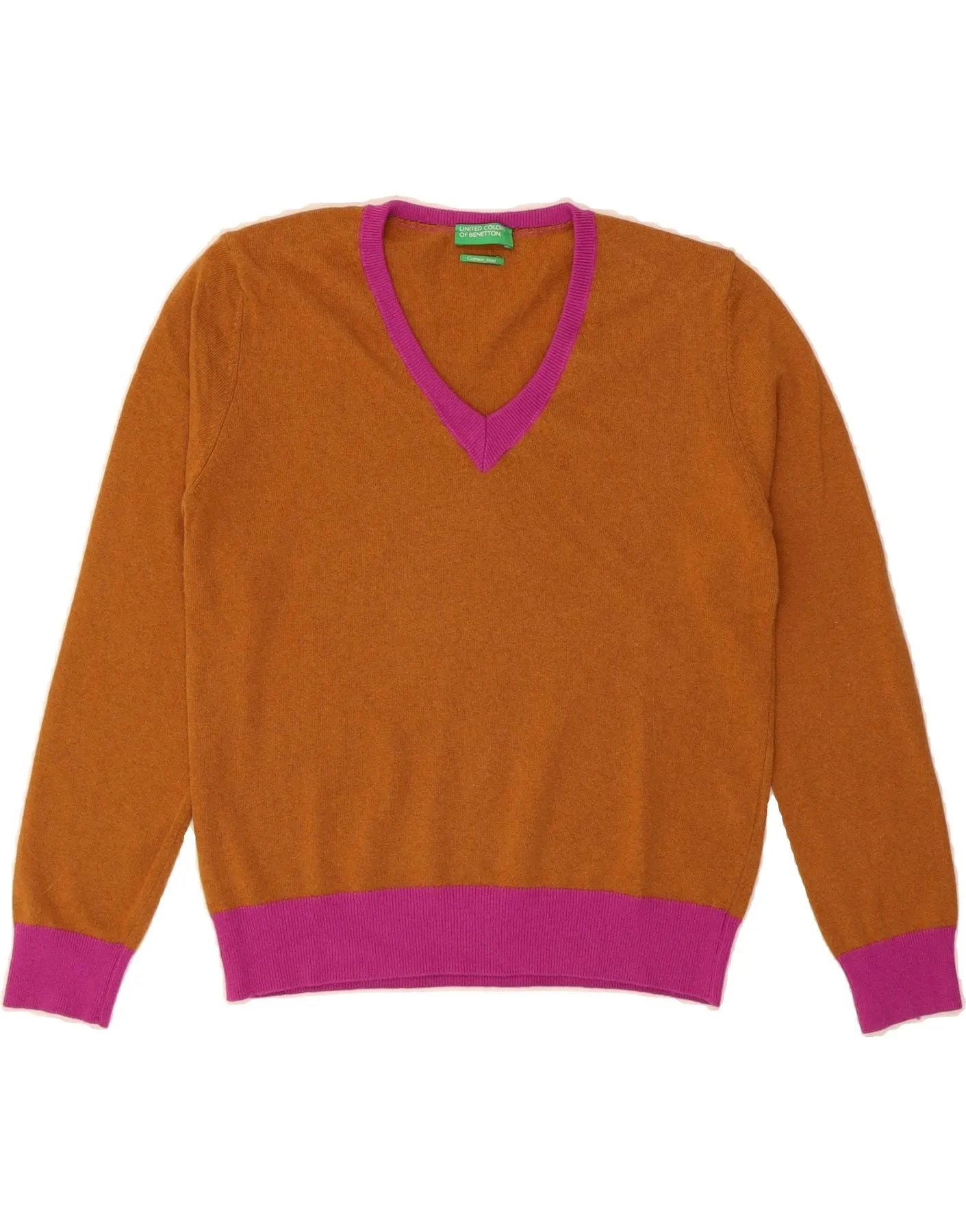 BENETTON Womens V-Neck Jumper Sweater UK 10 Small Brown Colourblock