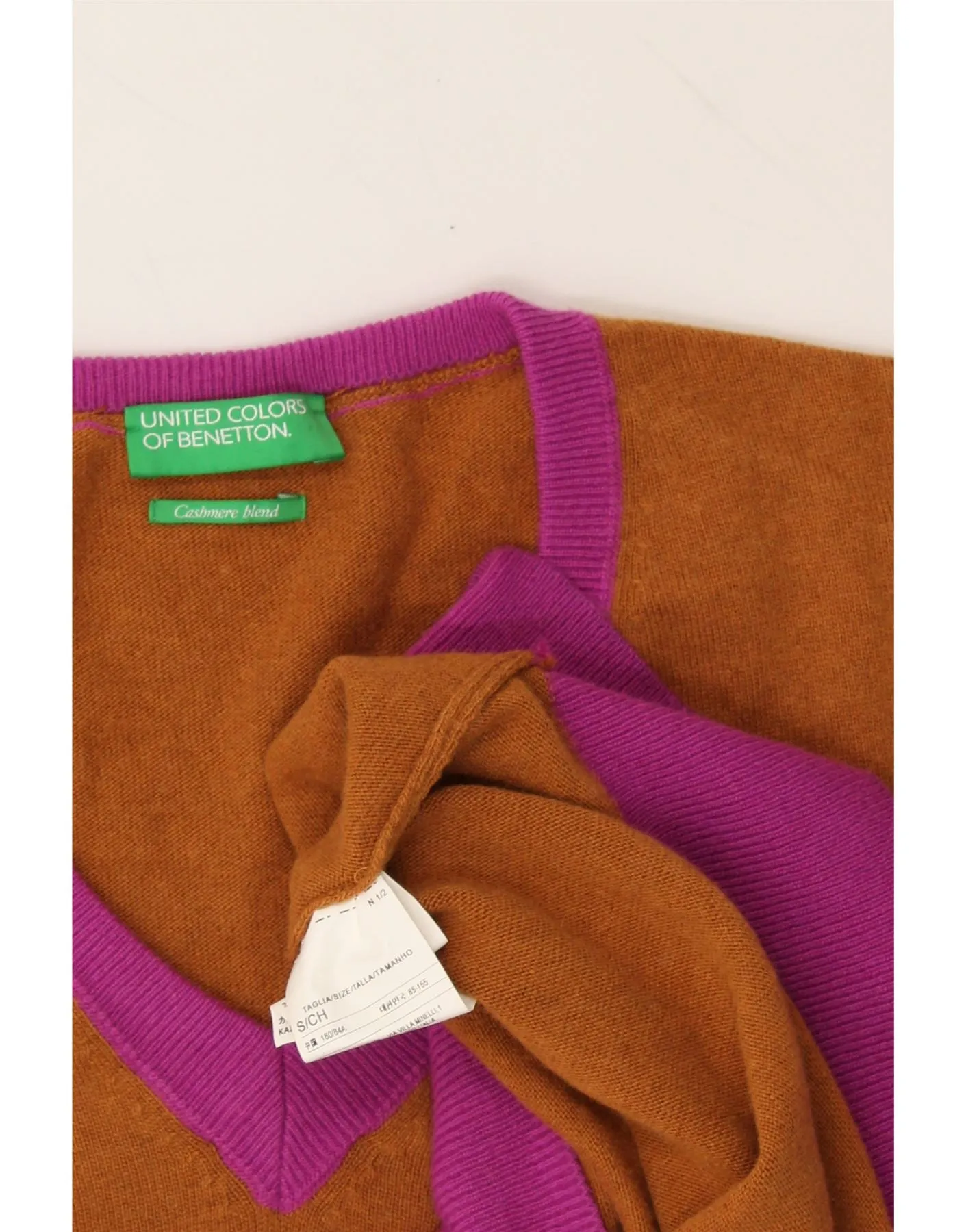 BENETTON Womens V-Neck Jumper Sweater UK 10 Small Brown Colourblock
