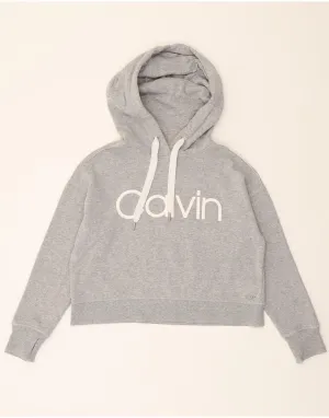 CALVIN KLEIN Womens Oversized Crop Graphic Hoodie Jumper UK 6 XS Grey