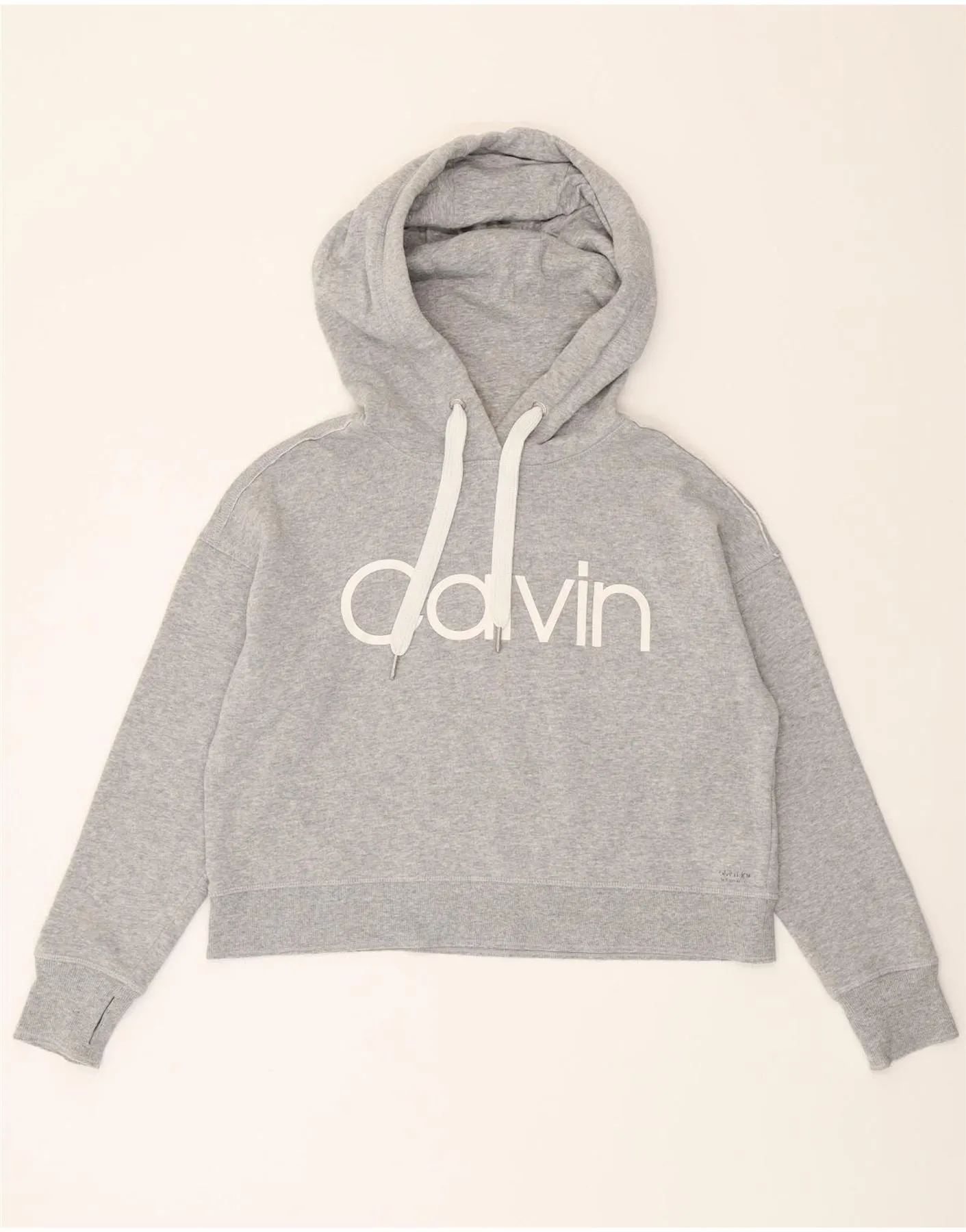 CALVIN KLEIN Womens Oversized Crop Graphic Hoodie Jumper UK 6 XS Grey