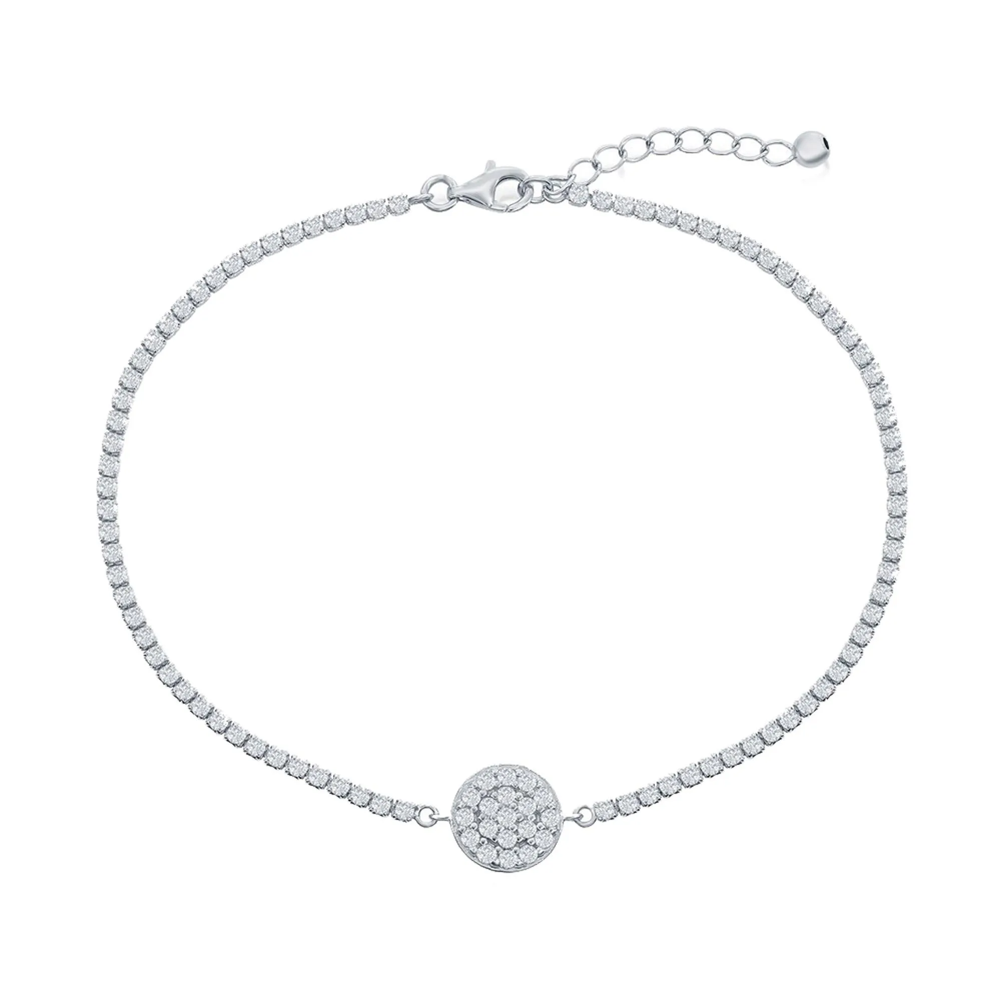 Classic Women's Anklet - Sterling Silver Round Disc Design White CZ Tennis | R-9288