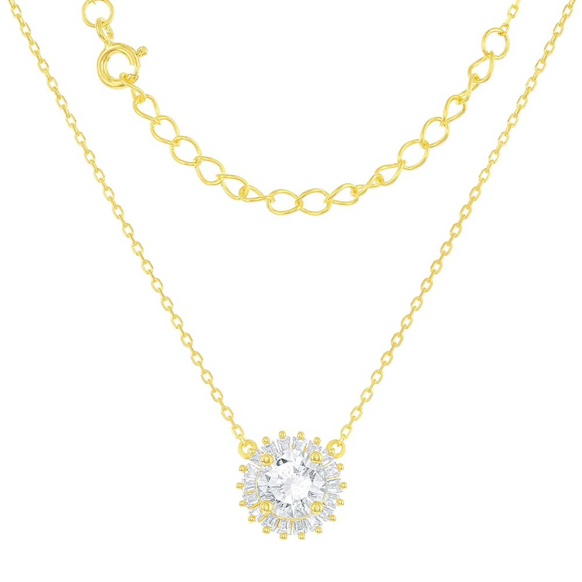 Classic Women's Necklace - Gold Plated Small Round White CZ Stone Centre | M-5337
