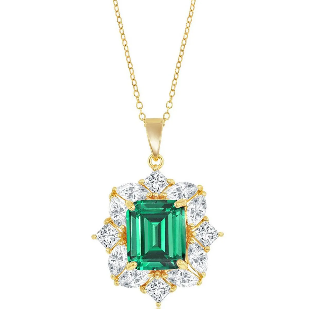 Classic Women's Necklace - Gold Plated Sterling Silver Asscher-Cut Emerald CZ | M-6971