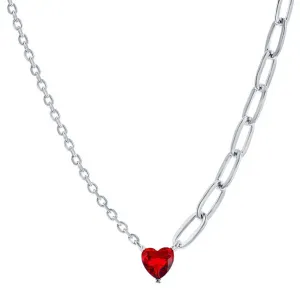 Classic Women's Necklace - Sterling Silver Ruby CZ Heart and Half Paperclip | M-7080