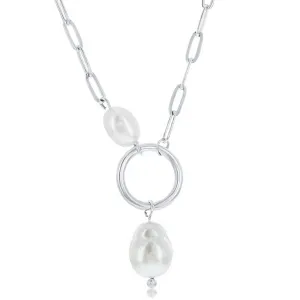 Classic Women's Necklace - Sterling Silver White Freshwater Pearl Paperclip | M-6959