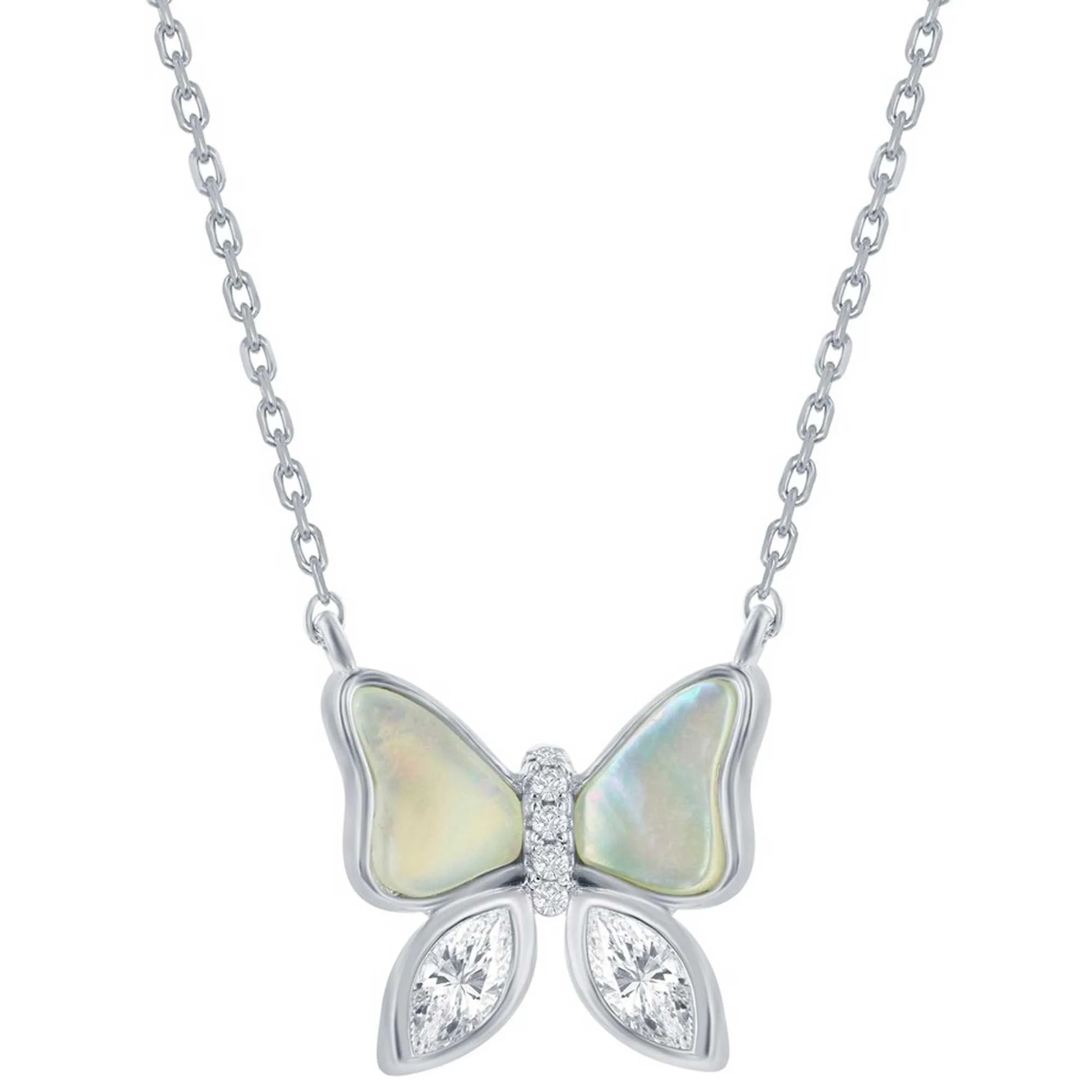 Classic Women's Necklace - Sterling Silver White MOP and CZ Butterfly Shaped | M-7094