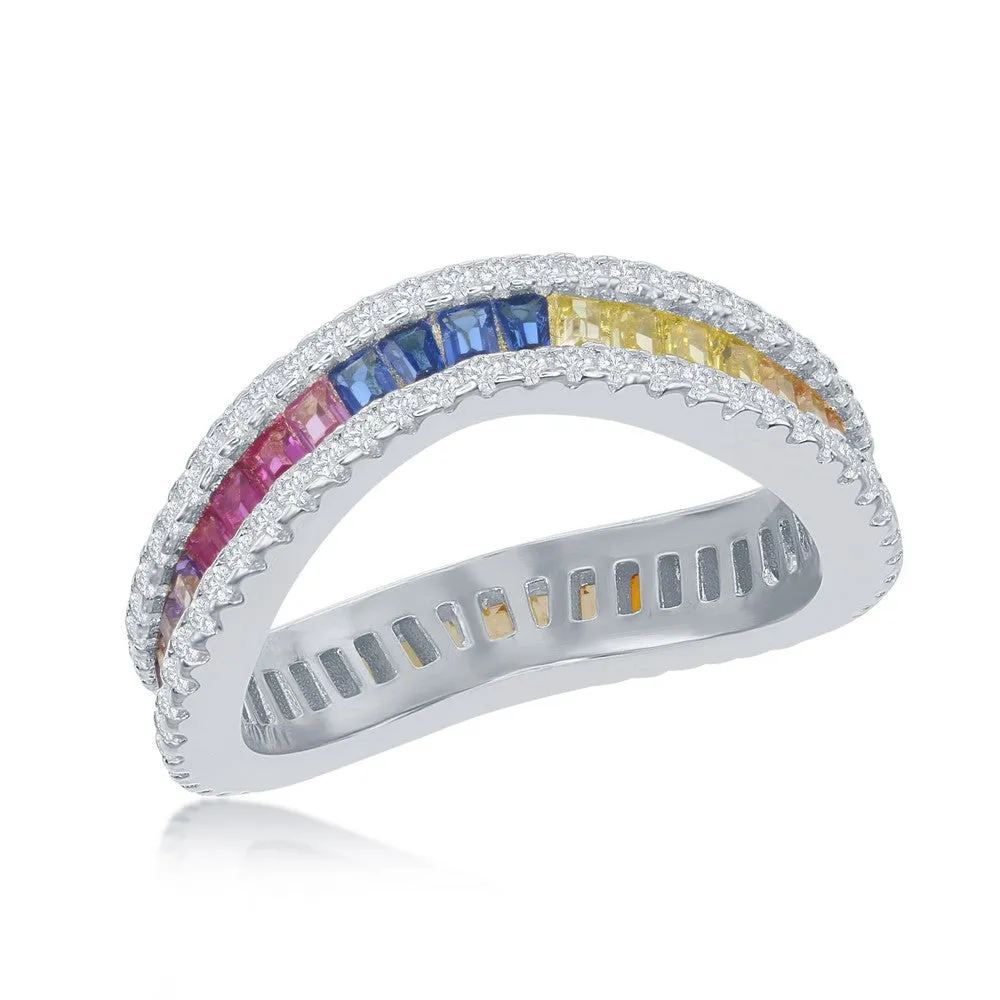 Classic Women's Rainbow Baguette CZ Wavy Ring - W-2442