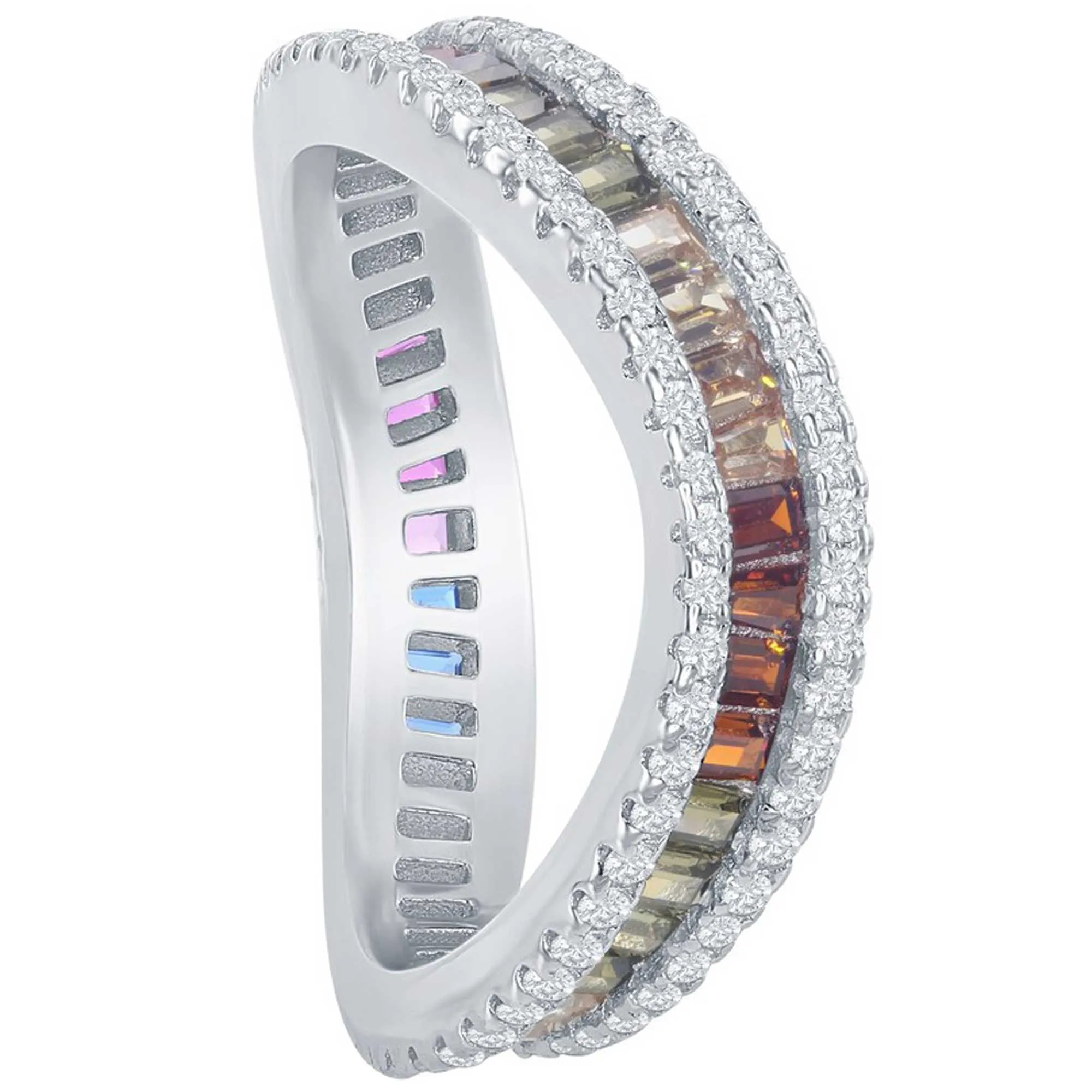 Classic Women's Rainbow Baguette CZ Wavy Ring - W-2442