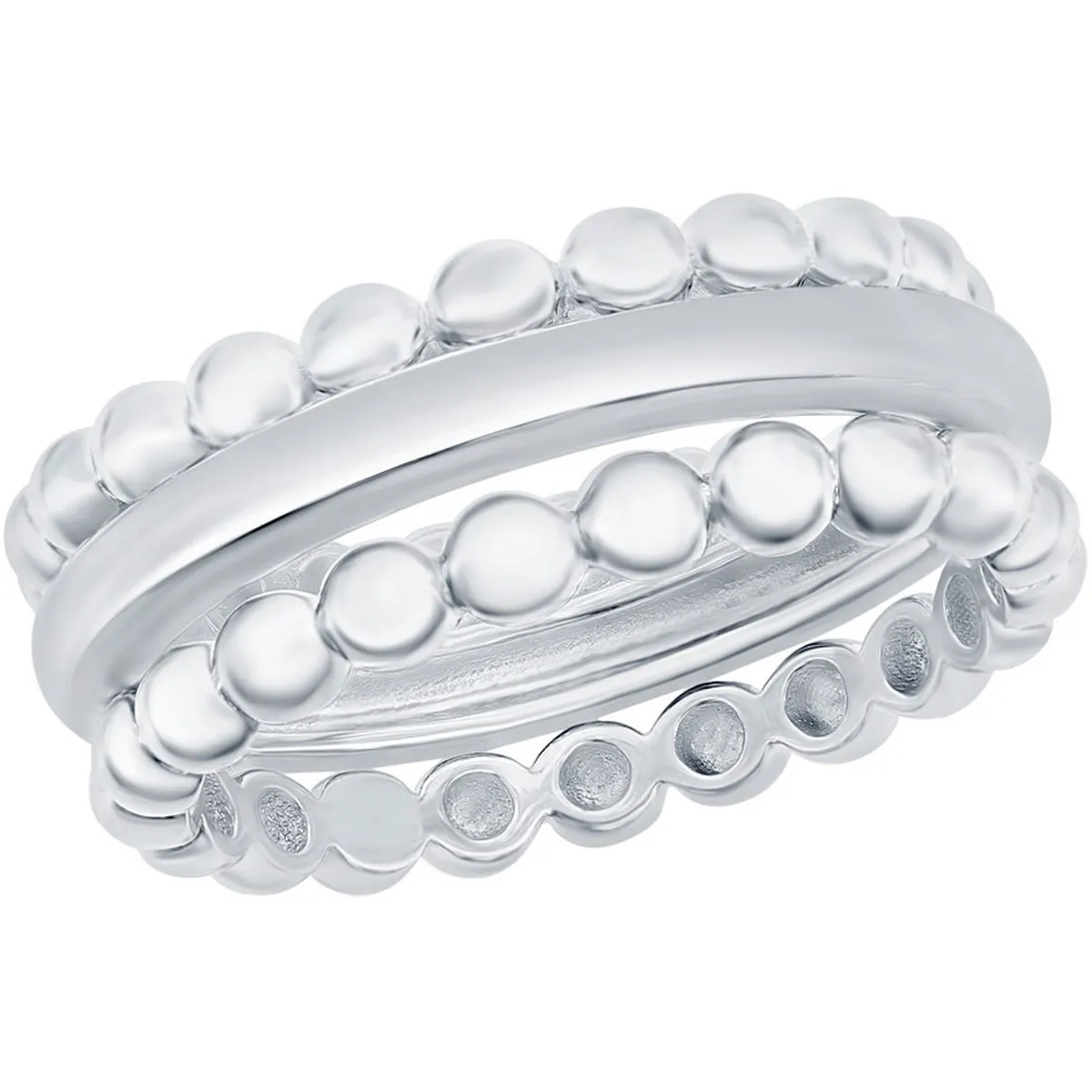 Classic Women's Silver Beaded and Plain 3PC Ring - W-2768