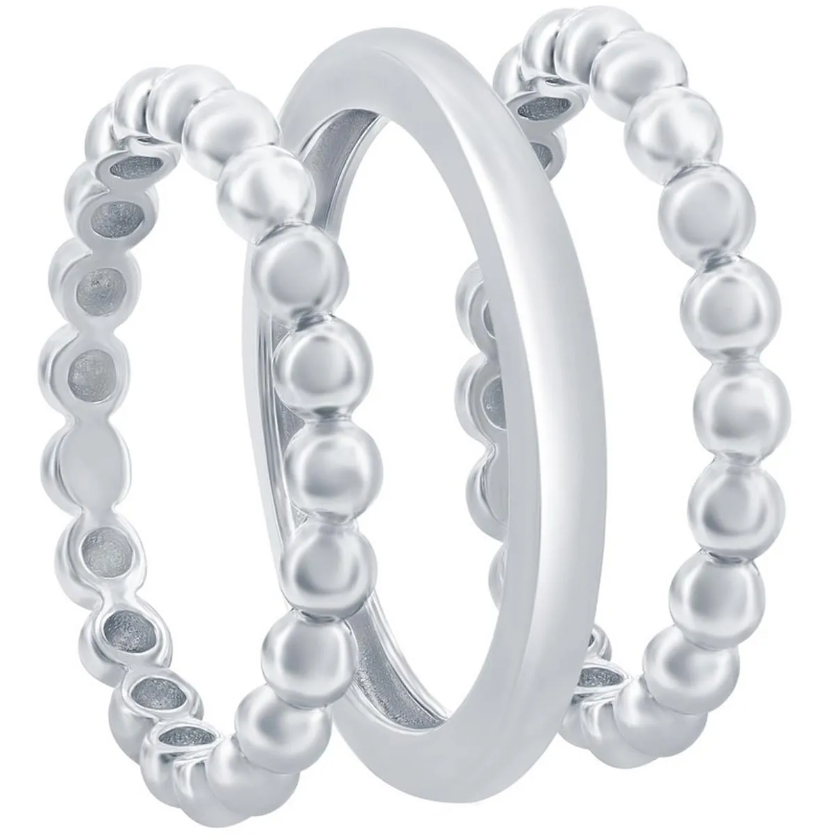 Classic Women's Silver Beaded and Plain 3PC Ring - W-2768