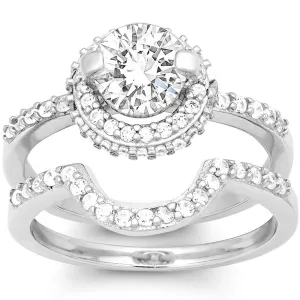 Classic Women's Silver Halo Style CZ Ring Set - W-9899