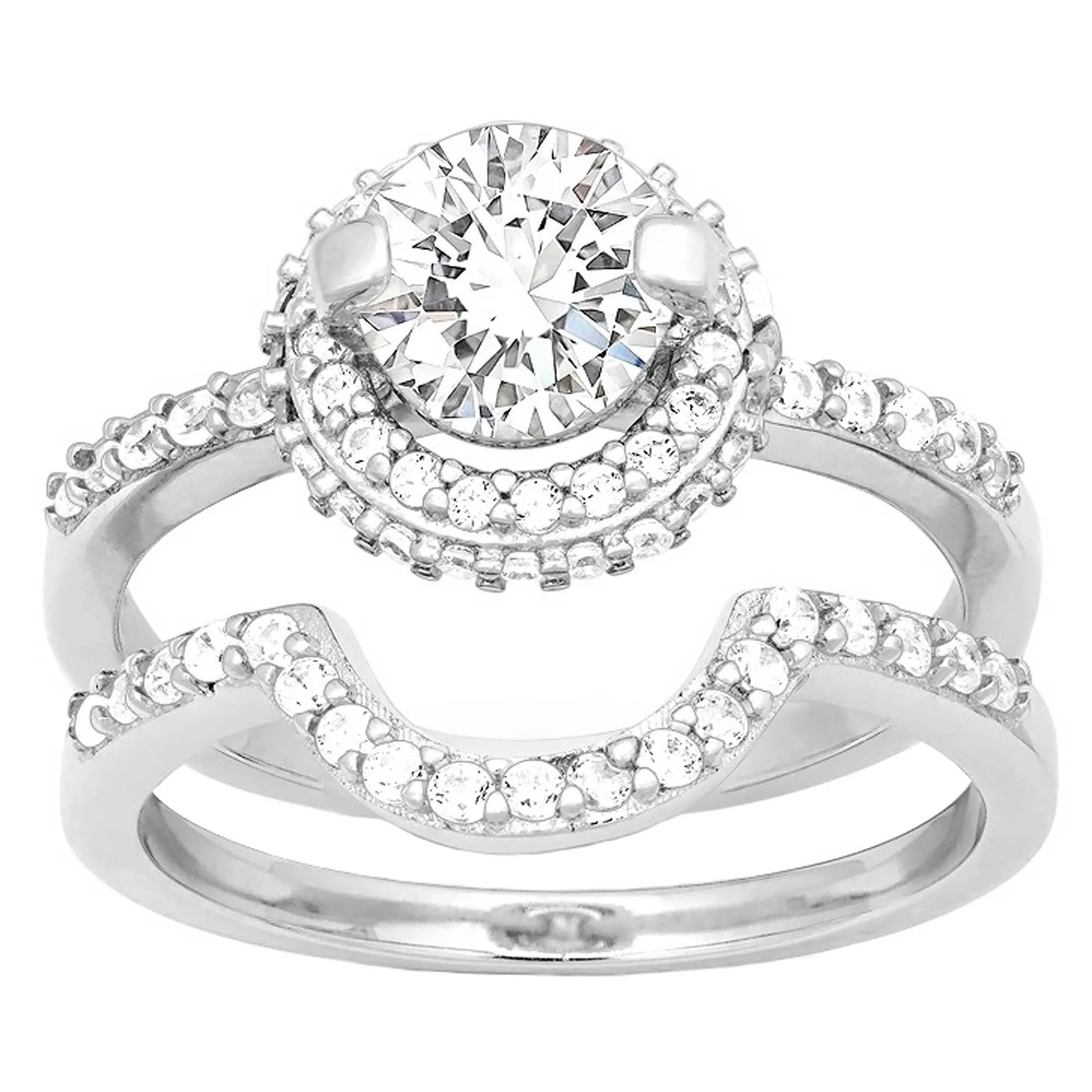 Classic Women's Silver Halo Style CZ Ring Set - W-9899