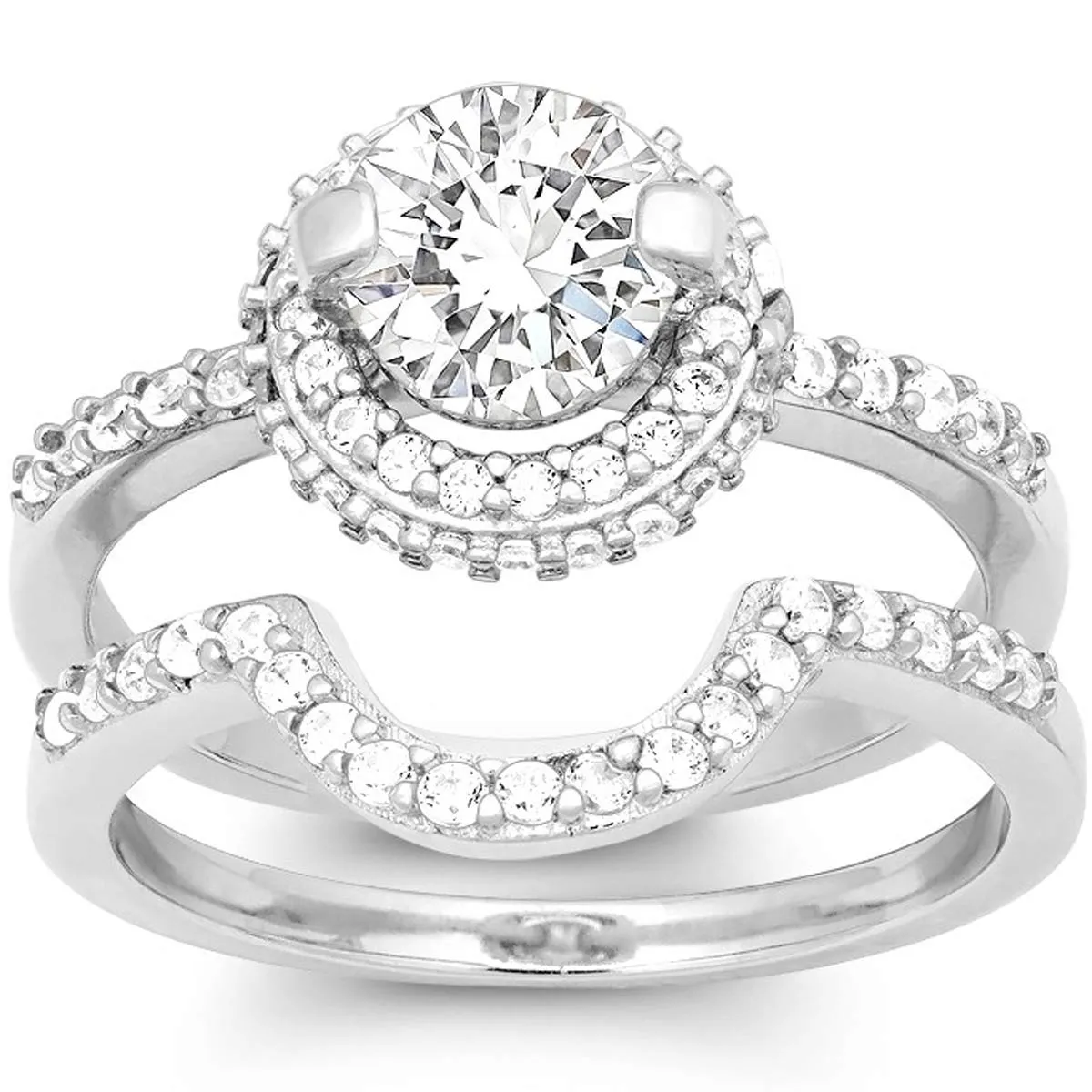 Classic Women's Silver Halo Style CZ Ring Set - W-9899