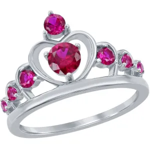 Classic Women's Silver Ruby CZ Crown Design Ring - W-2728