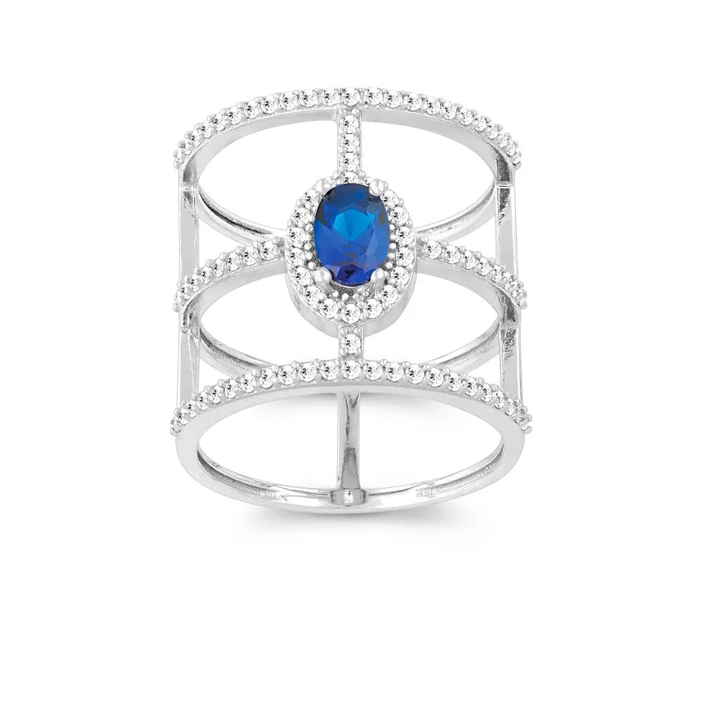 Classic Women's Triple Row with Blue Oval CZ Ring - W-9957