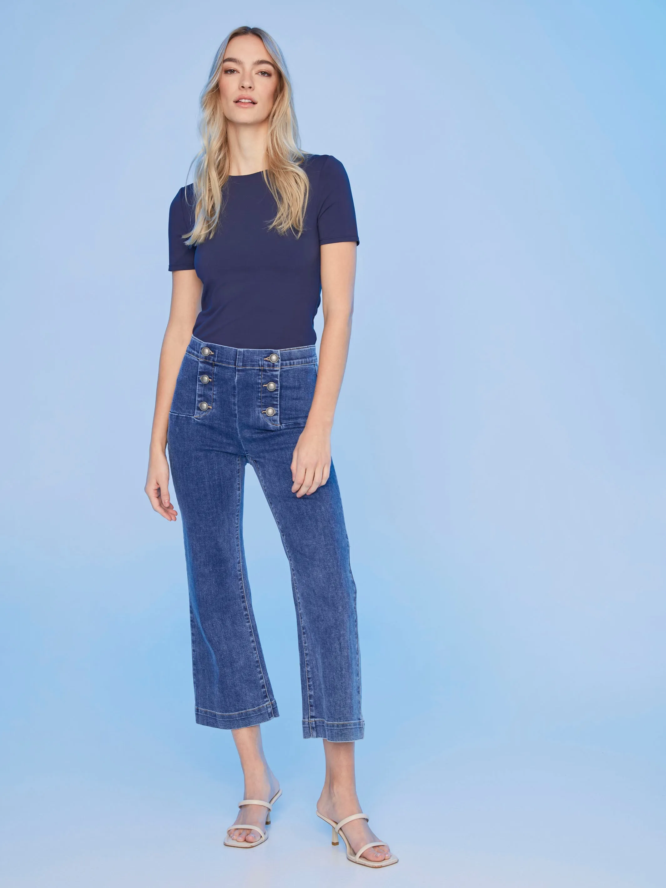 Cropped Pull-On Flare Jeans with Front Buttons - Medium Blue