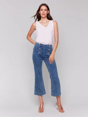 Cropped Pull-On Flare Jeans with Front Buttons - Medium Blue