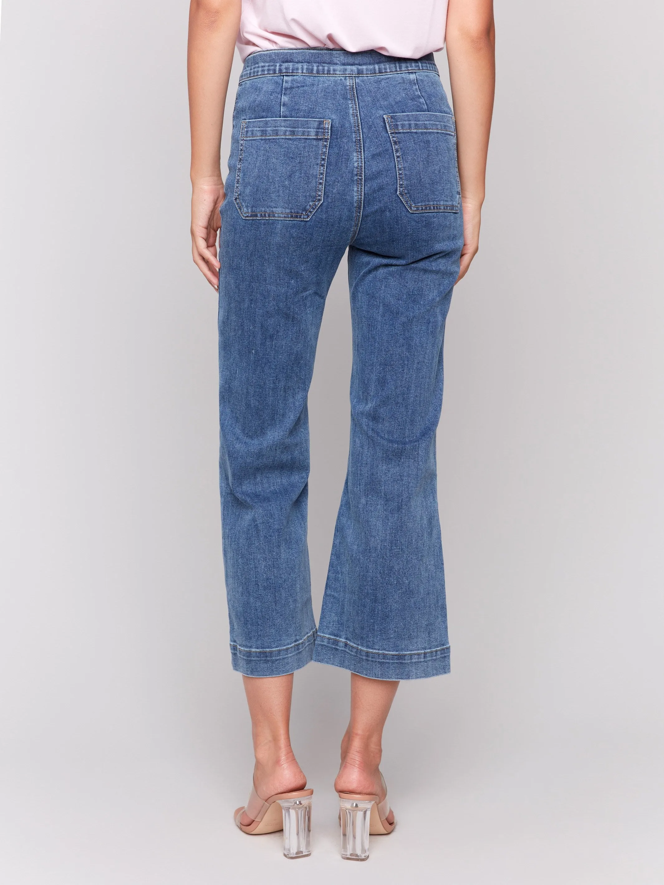 Cropped Pull-On Flare Jeans with Front Buttons - Medium Blue