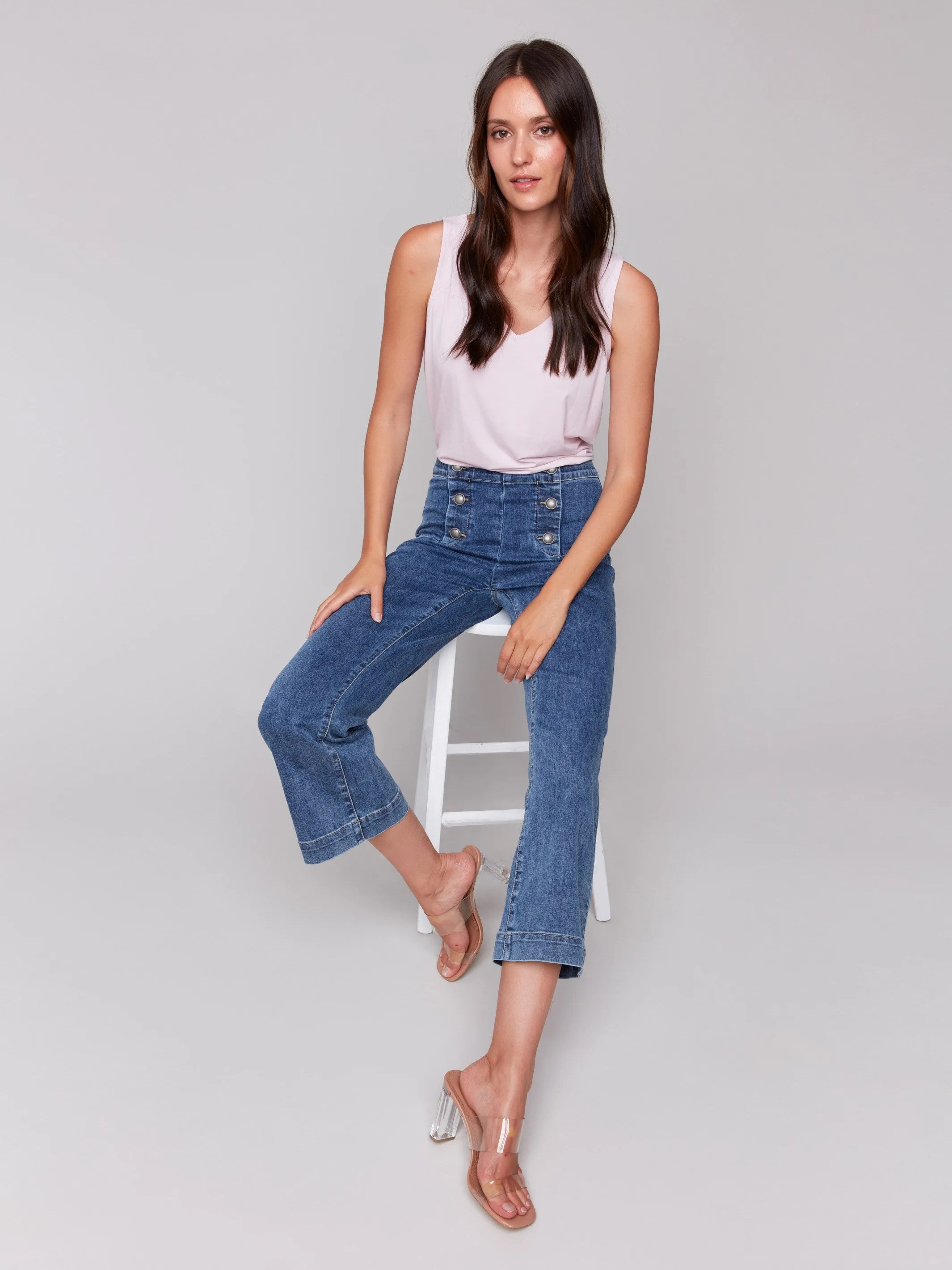 Cropped Pull-On Flare Jeans with Front Buttons - Medium Blue