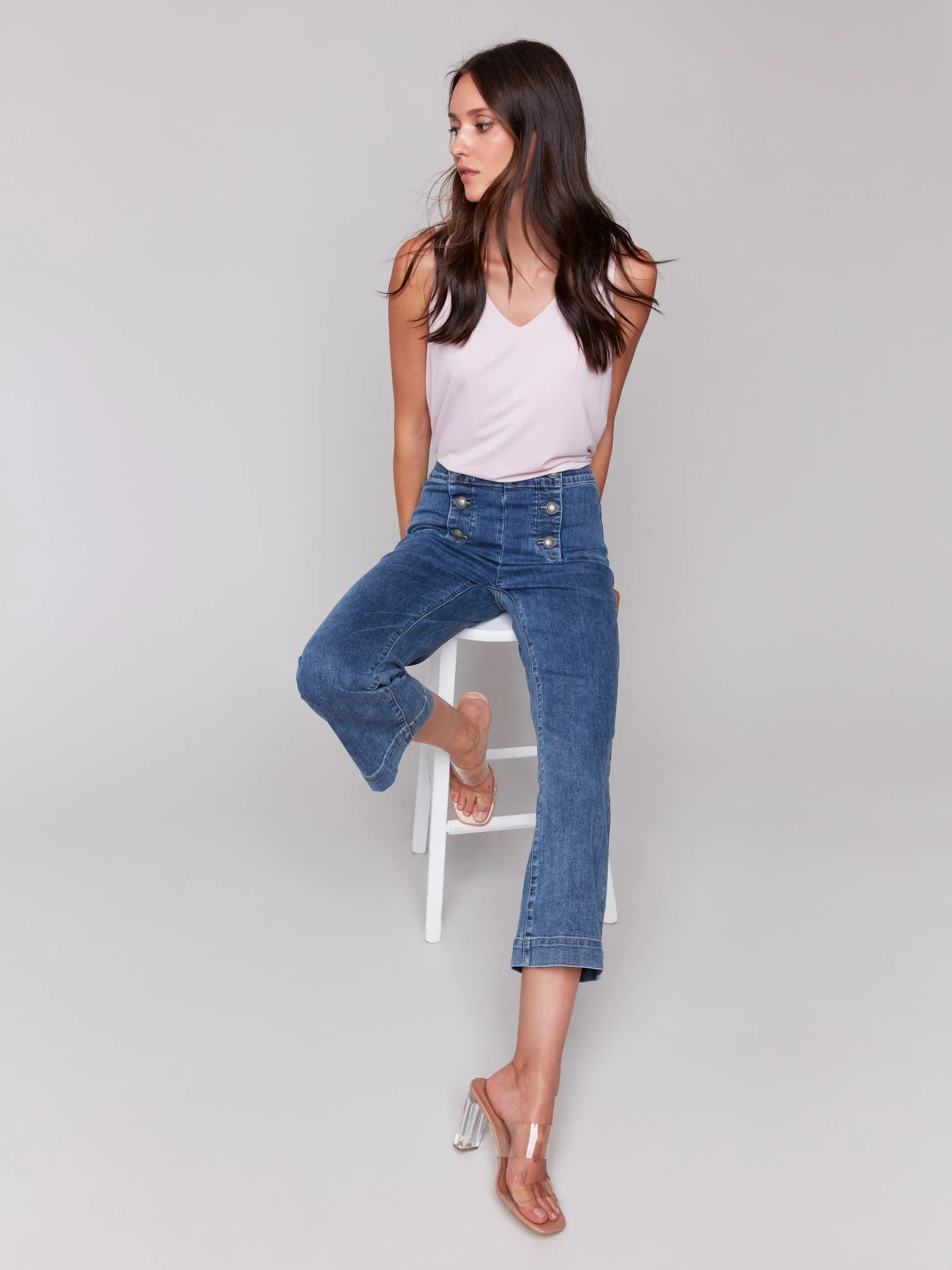 Cropped Pull-On Flare Jeans with Front Buttons - Medium Blue