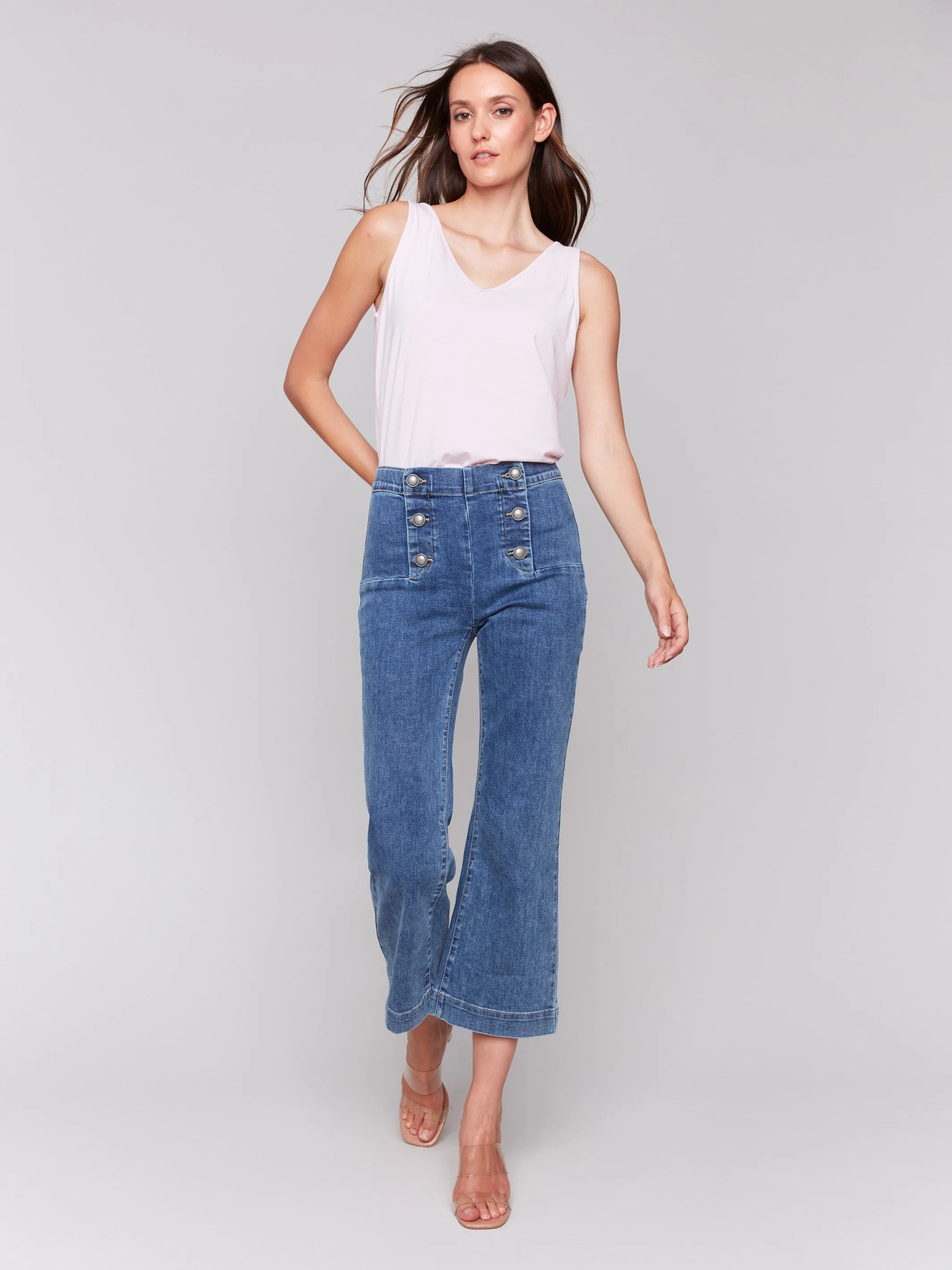 Cropped Pull-On Flare Jeans with Front Buttons - Medium Blue