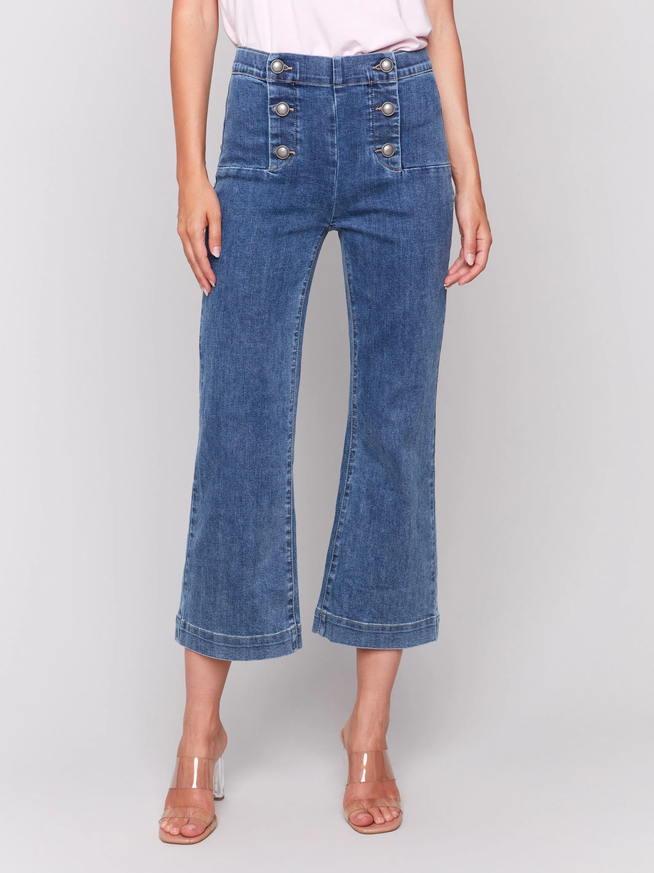 Cropped Pull-On Flare Jeans with Front Buttons - Medium Blue