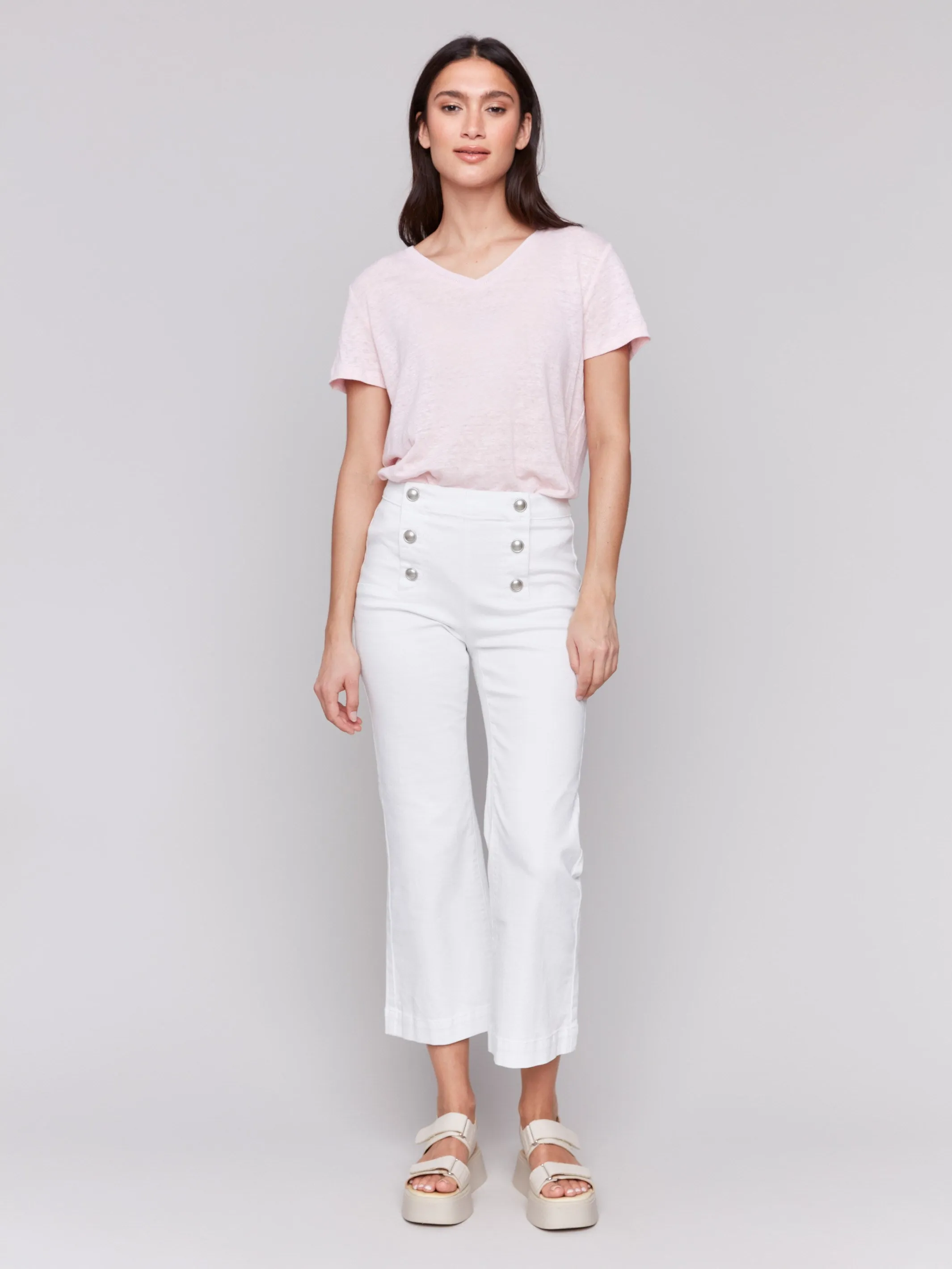 Cropped Pull-On Flare Jeans with Front Buttons - White