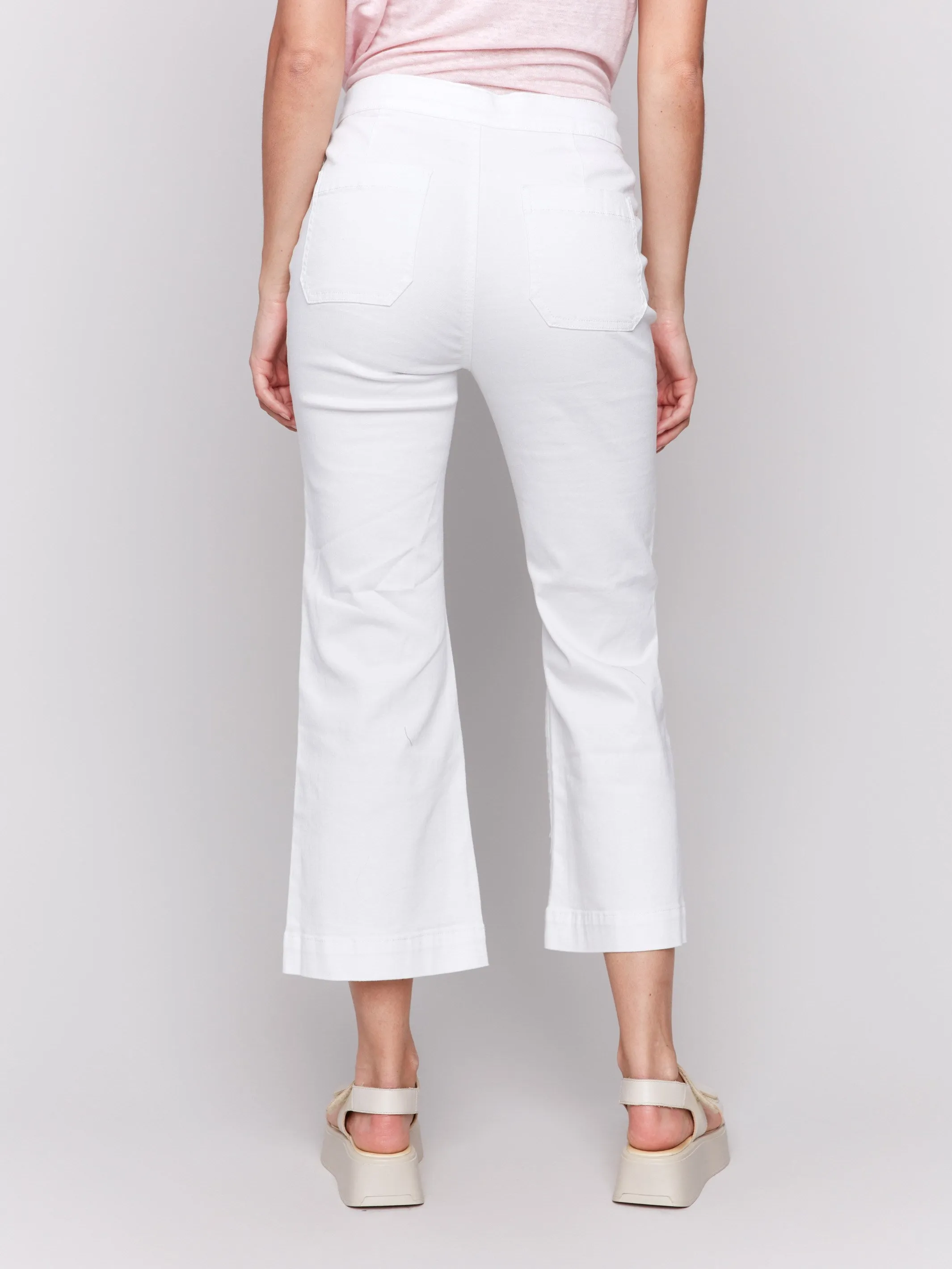 Cropped Pull-On Flare Jeans with Front Buttons - White