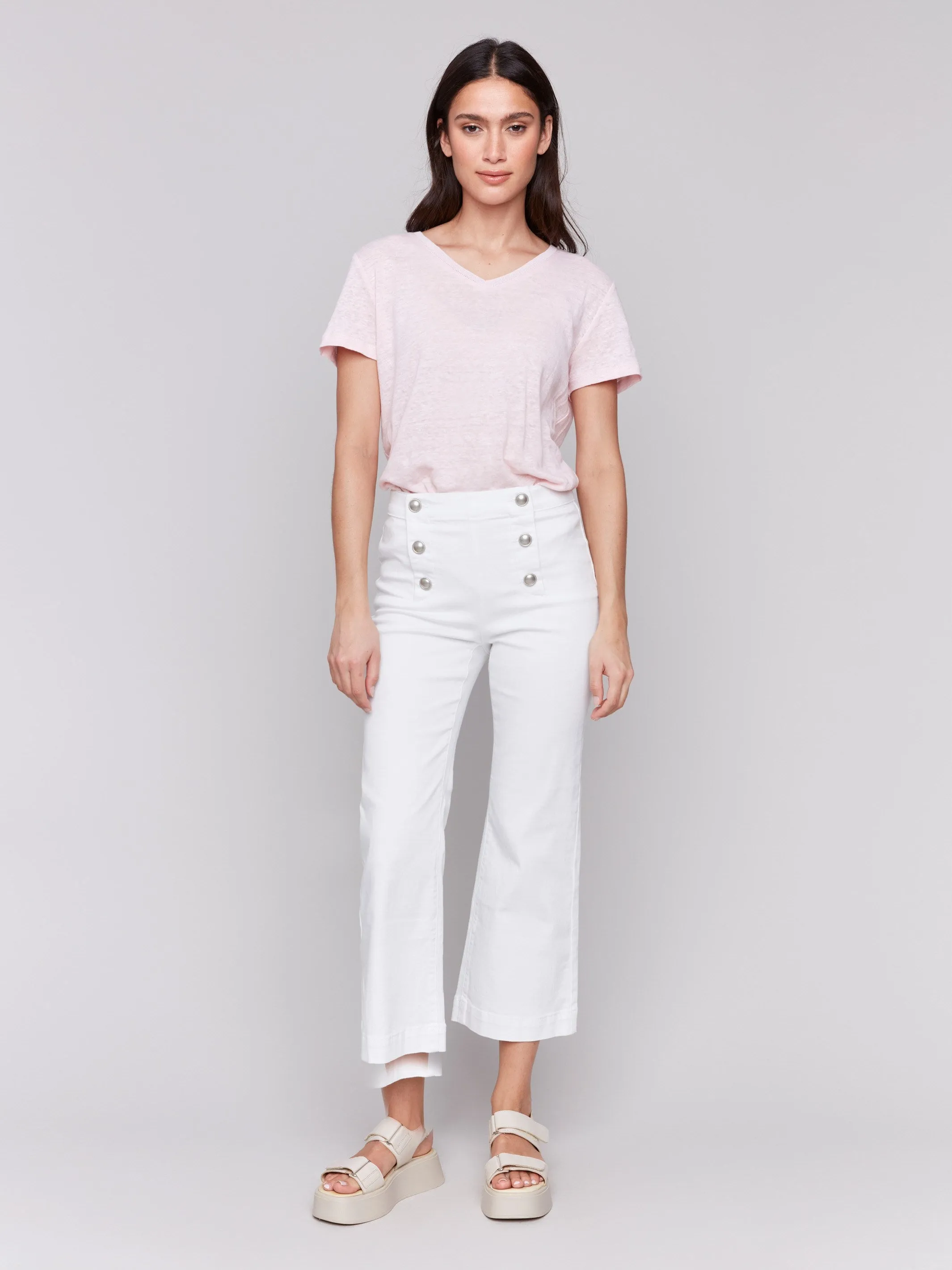 Cropped Pull-On Flare Jeans with Front Buttons - White