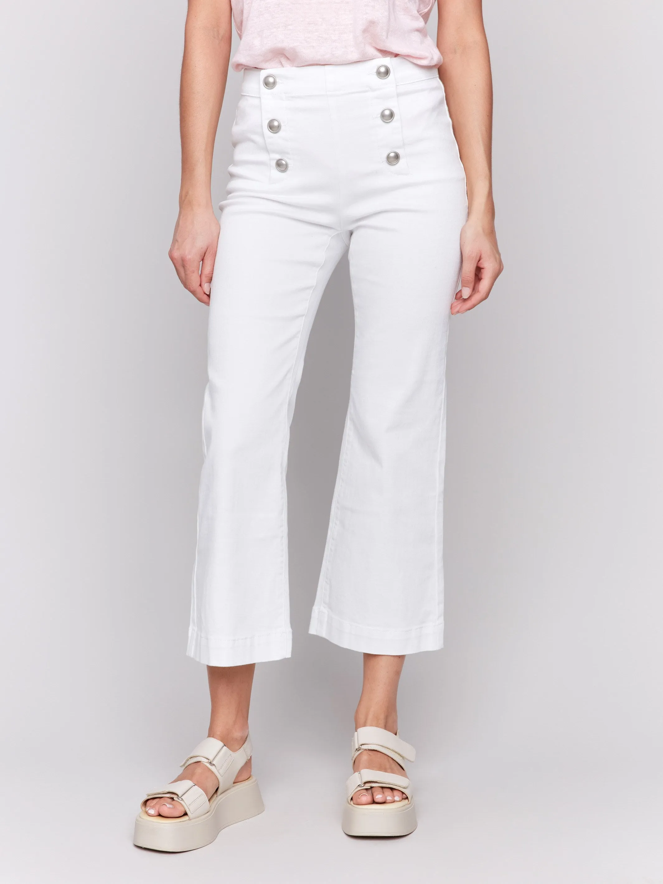 Cropped Pull-On Flare Jeans with Front Buttons - White