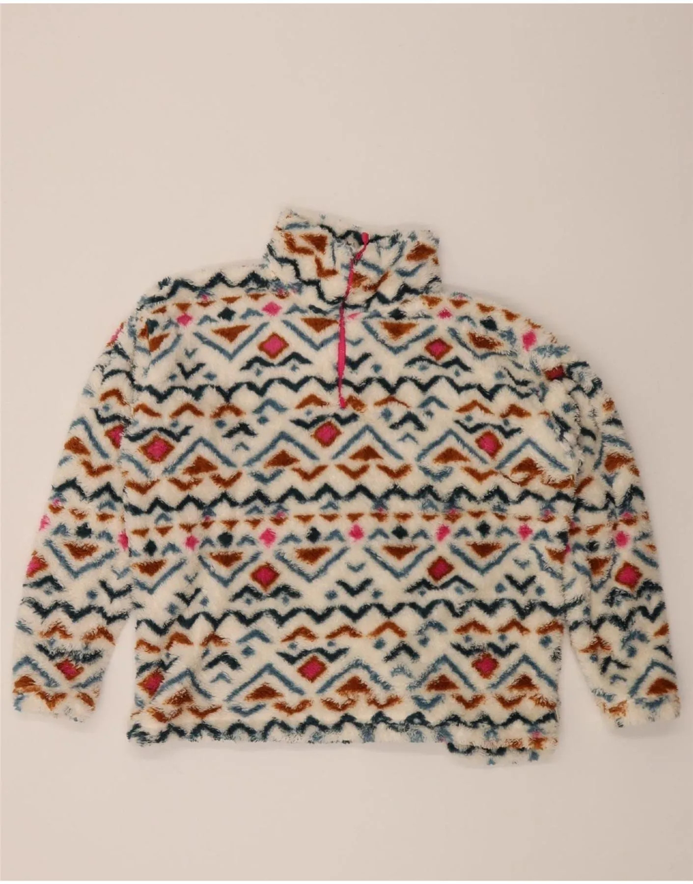 EDDIE BAUER Womens Zip Neck Fleece Jumper UK 18 XL White Fair Isle