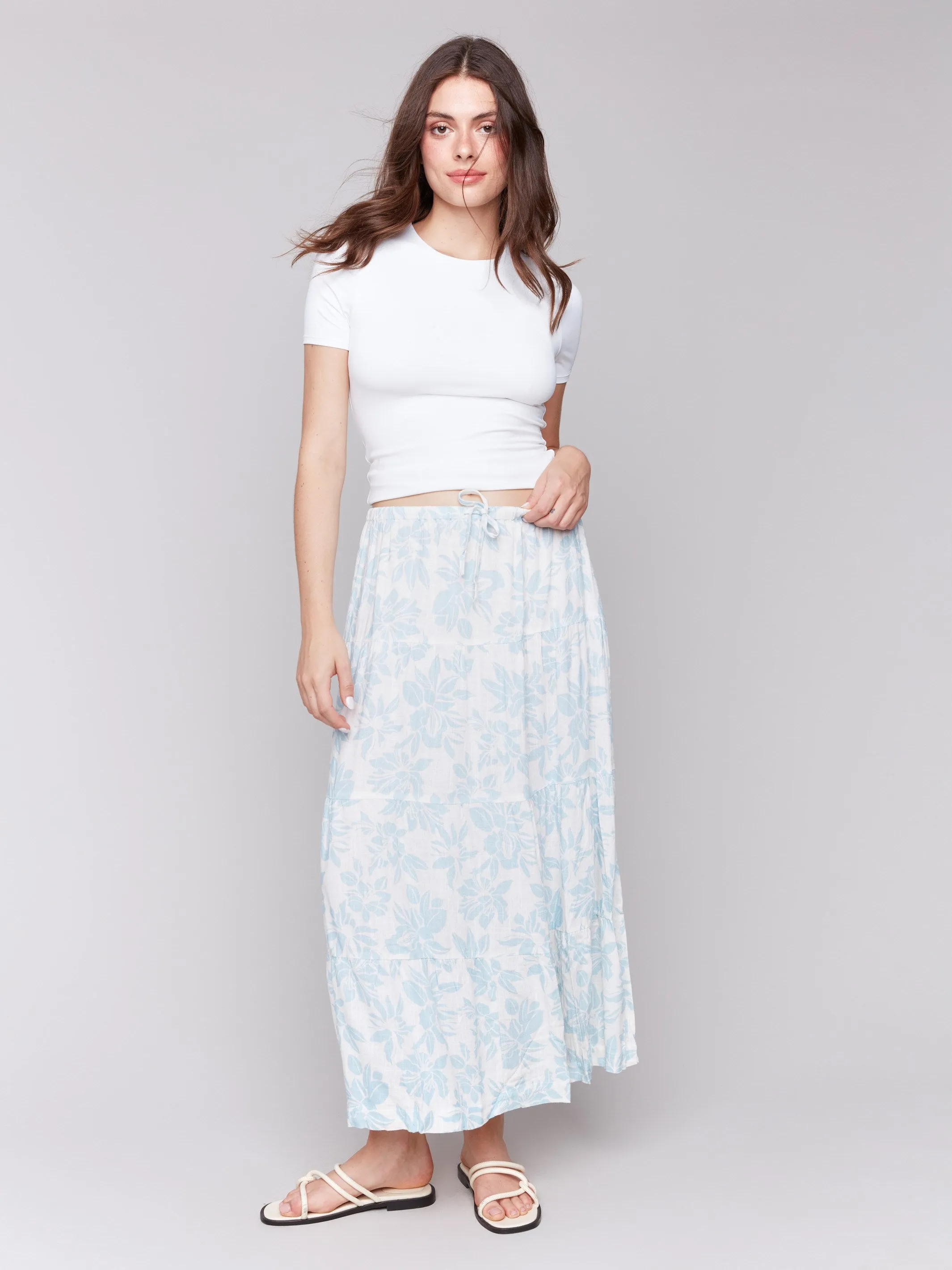 Linen Blend Printed Tiered Skirt - Bloom