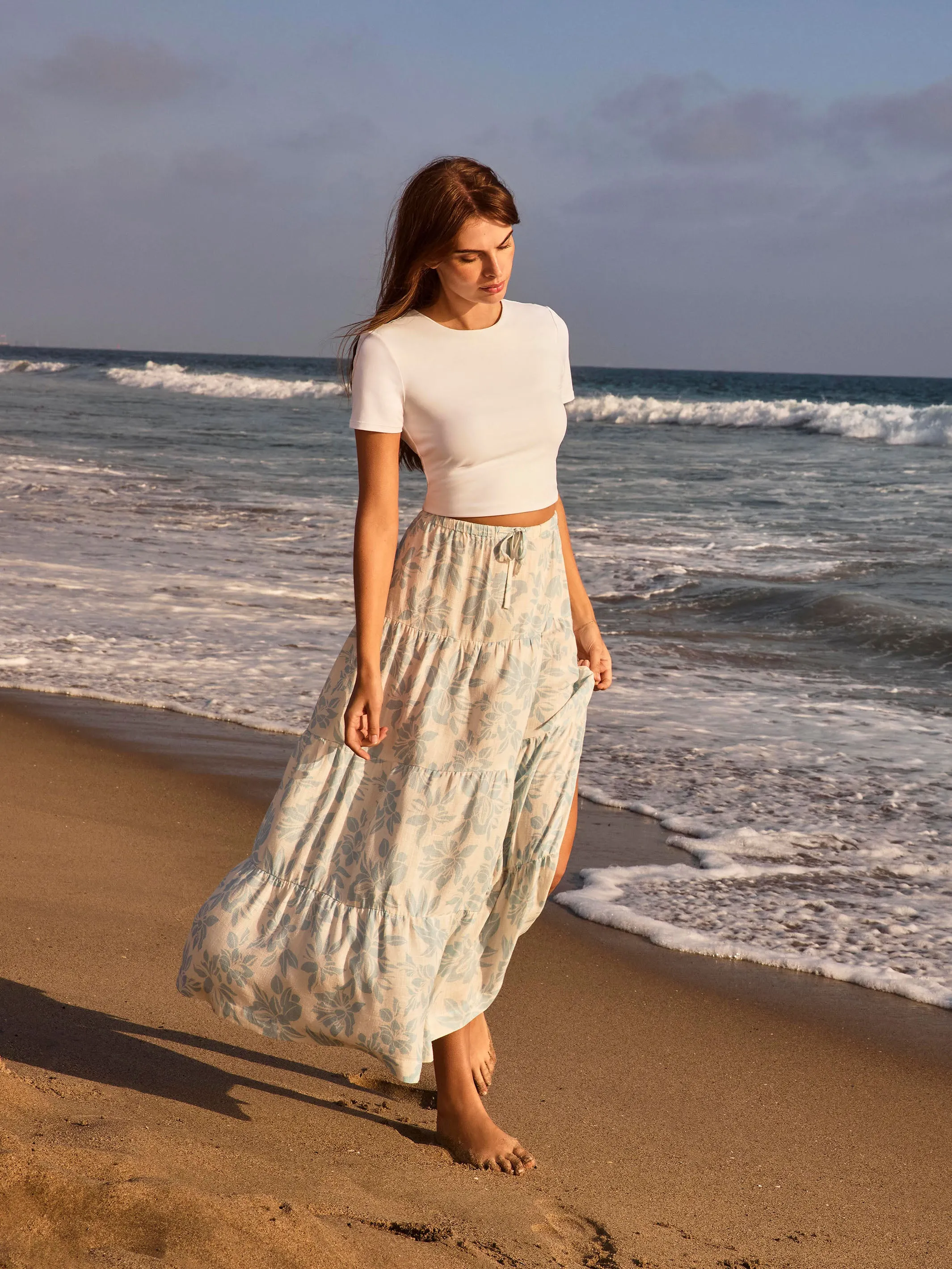 Linen Blend Printed Tiered Skirt - Bloom
