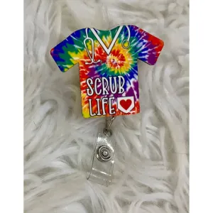 Medical Scrub Acrylic Reel Badge Holder In Tie Dye Scrub Top