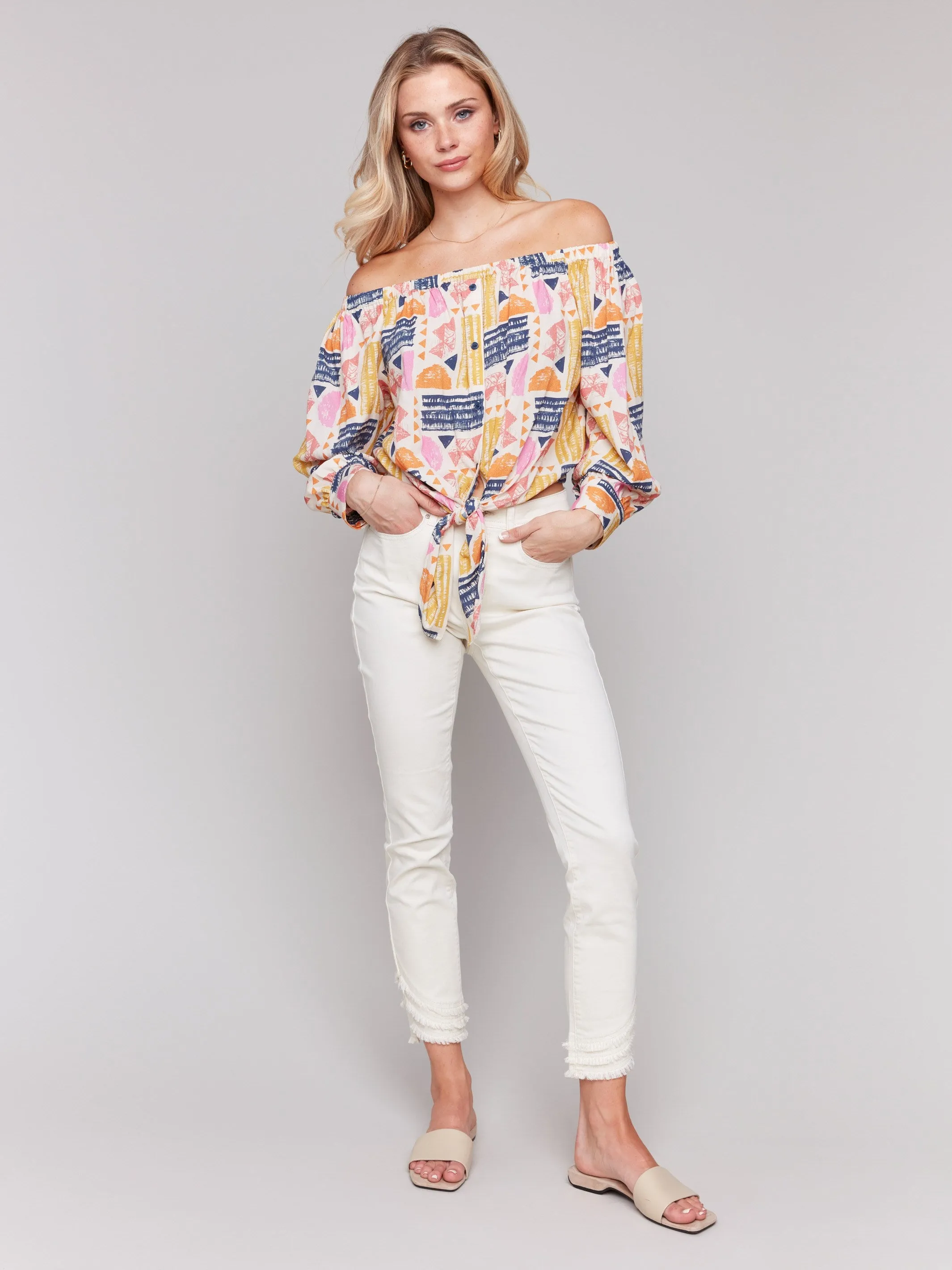 Off-The-Shoulder Printed Blouse with Front Tie - Batik