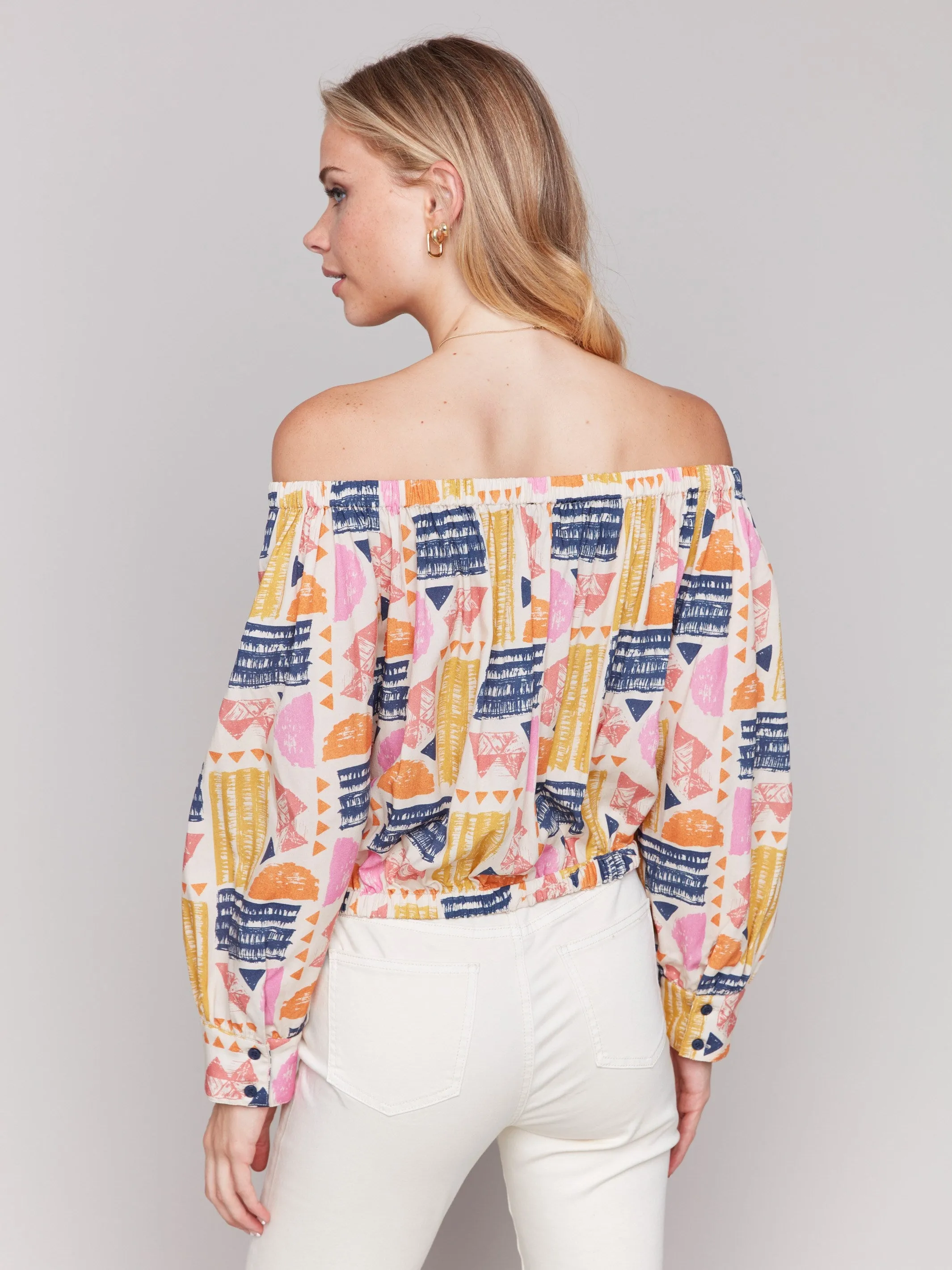Off-The-Shoulder Printed Blouse with Front Tie - Batik
