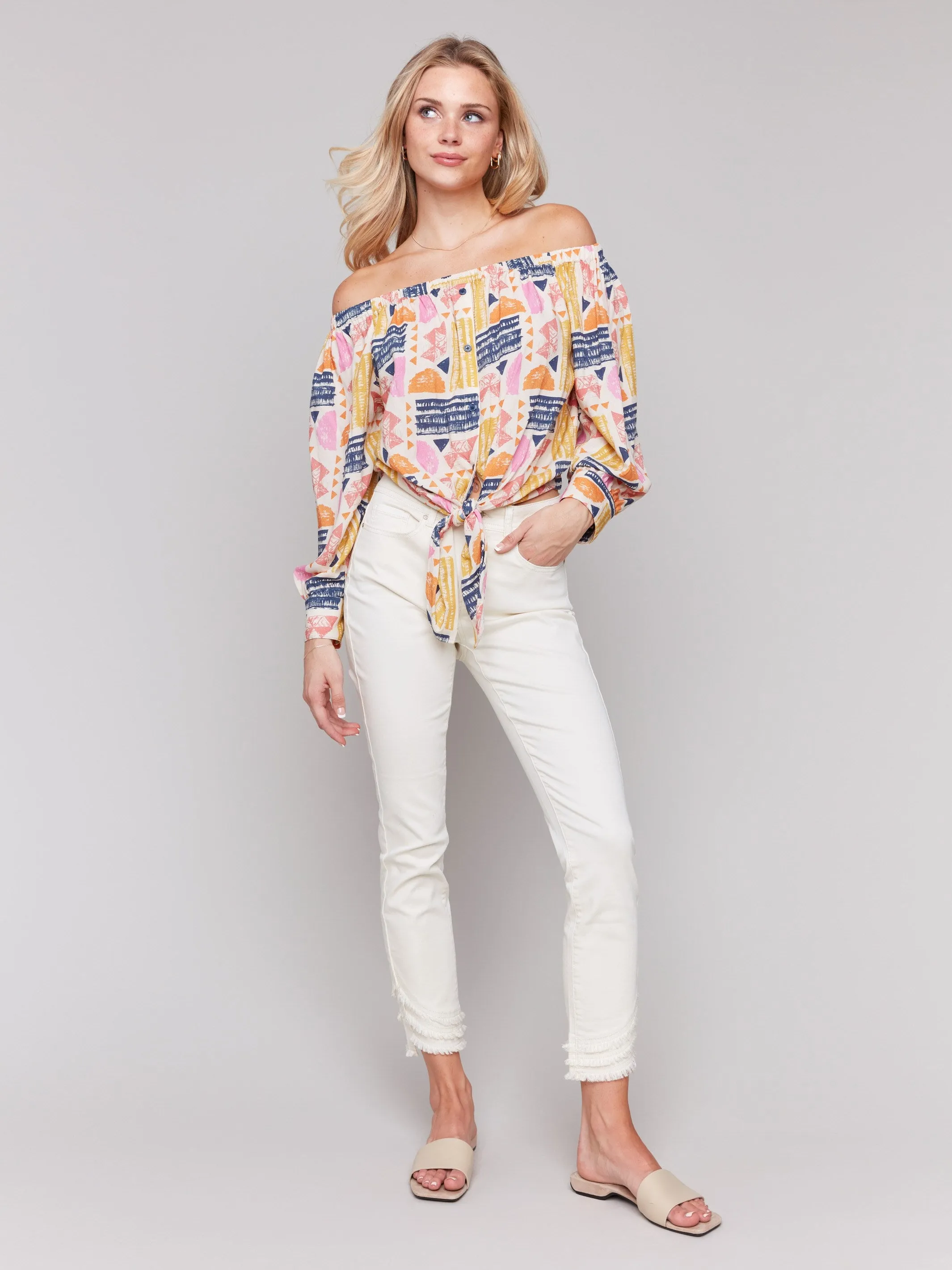 Off-The-Shoulder Printed Blouse with Front Tie - Batik