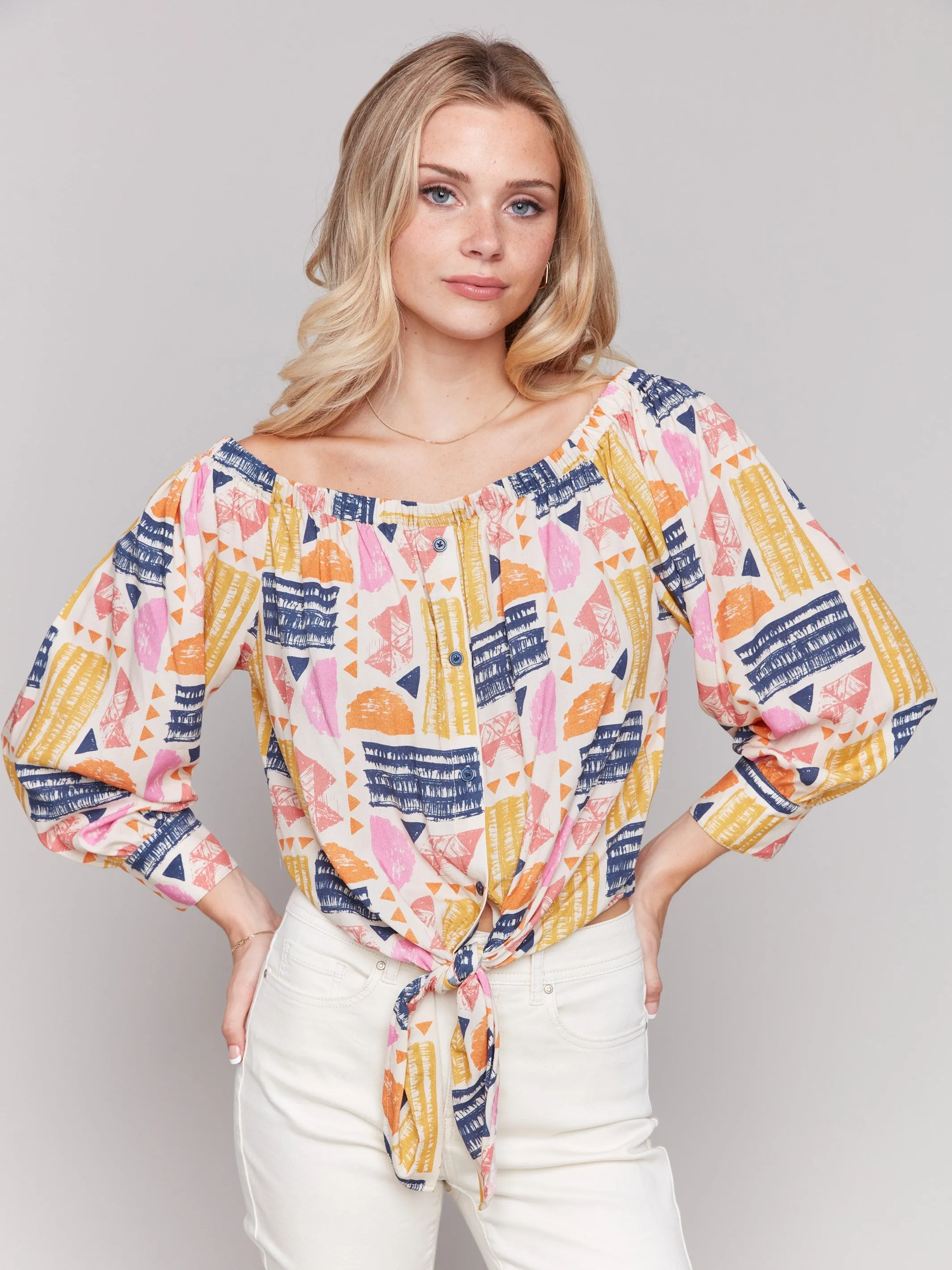 Off-The-Shoulder Printed Blouse with Front Tie - Batik
