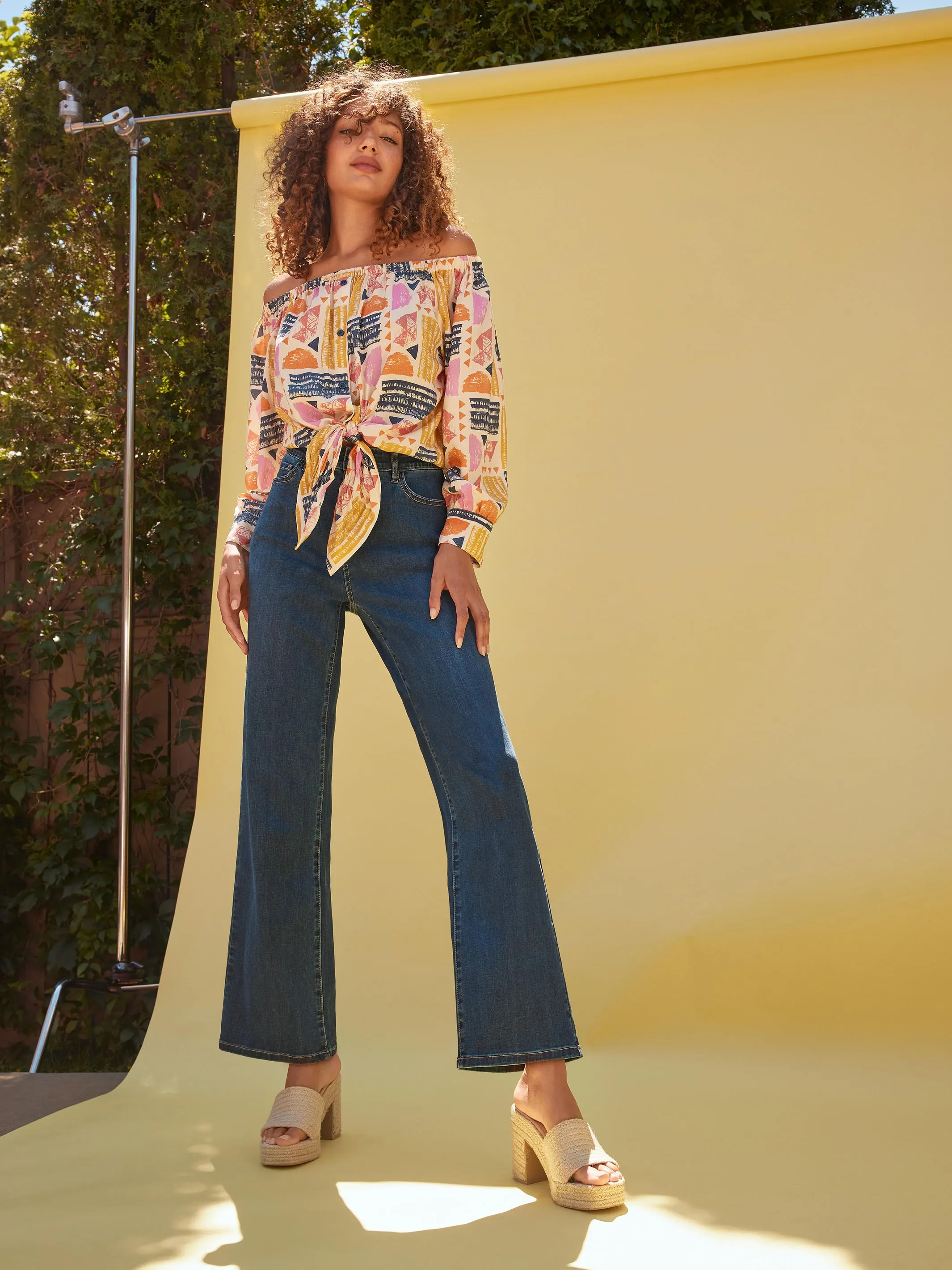 Off-The-Shoulder Printed Blouse with Front Tie - Batik