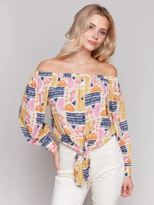 Off-The-Shoulder Printed Blouse with Front Tie - Batik