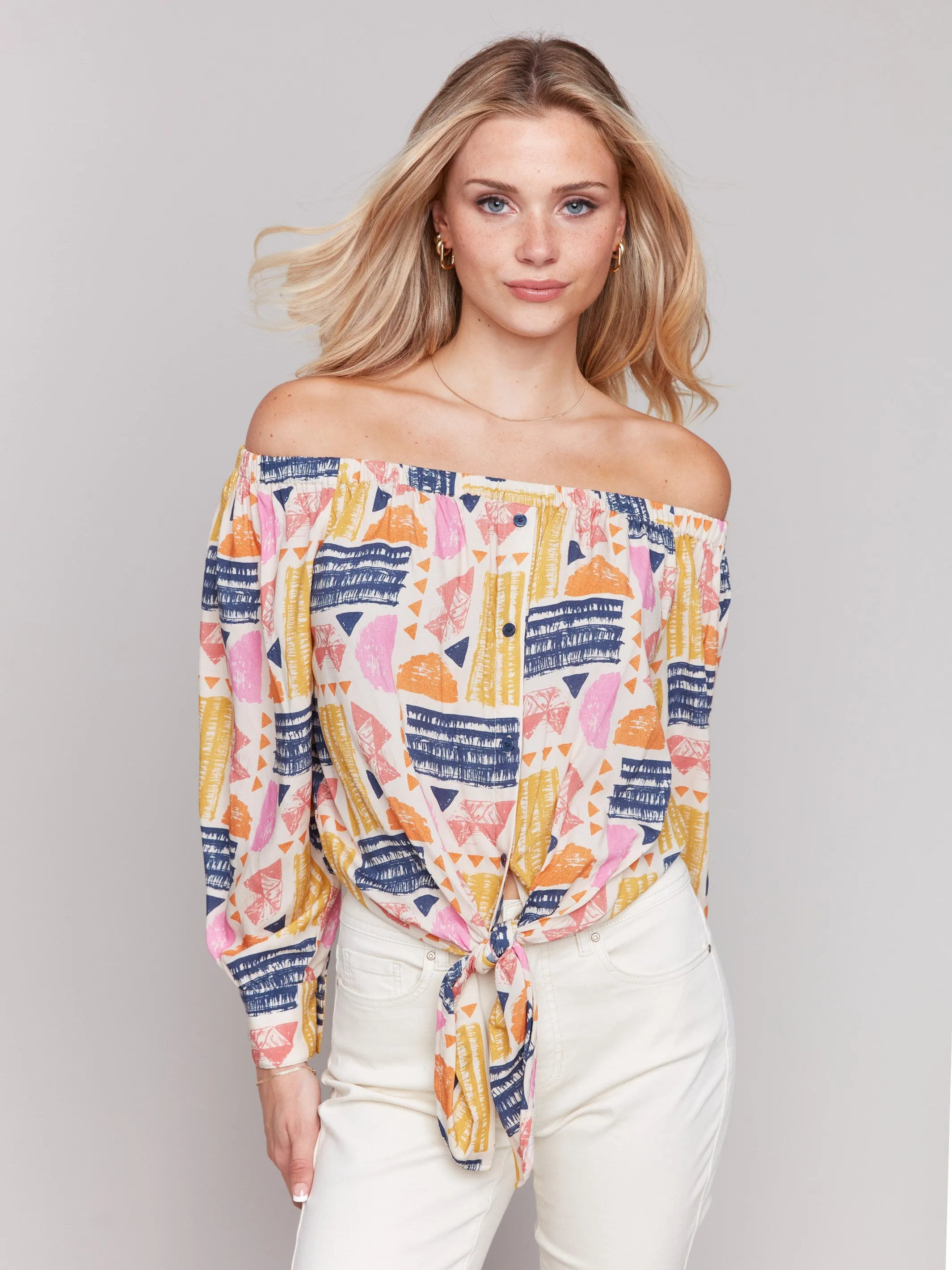 Off-The-Shoulder Printed Blouse with Front Tie - Batik