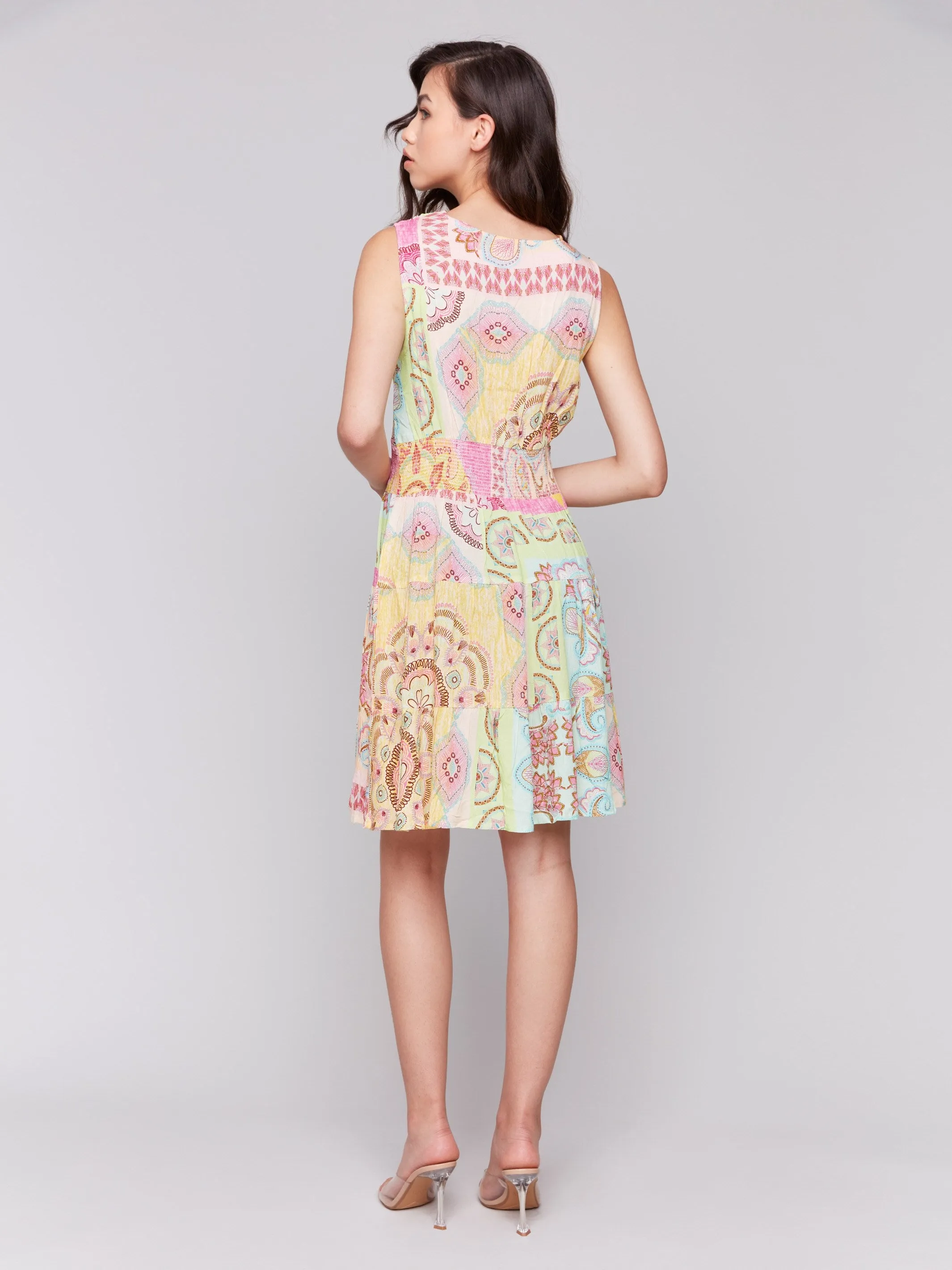 Printed Sleeveless V-Neck Tiered Dress - Carousel