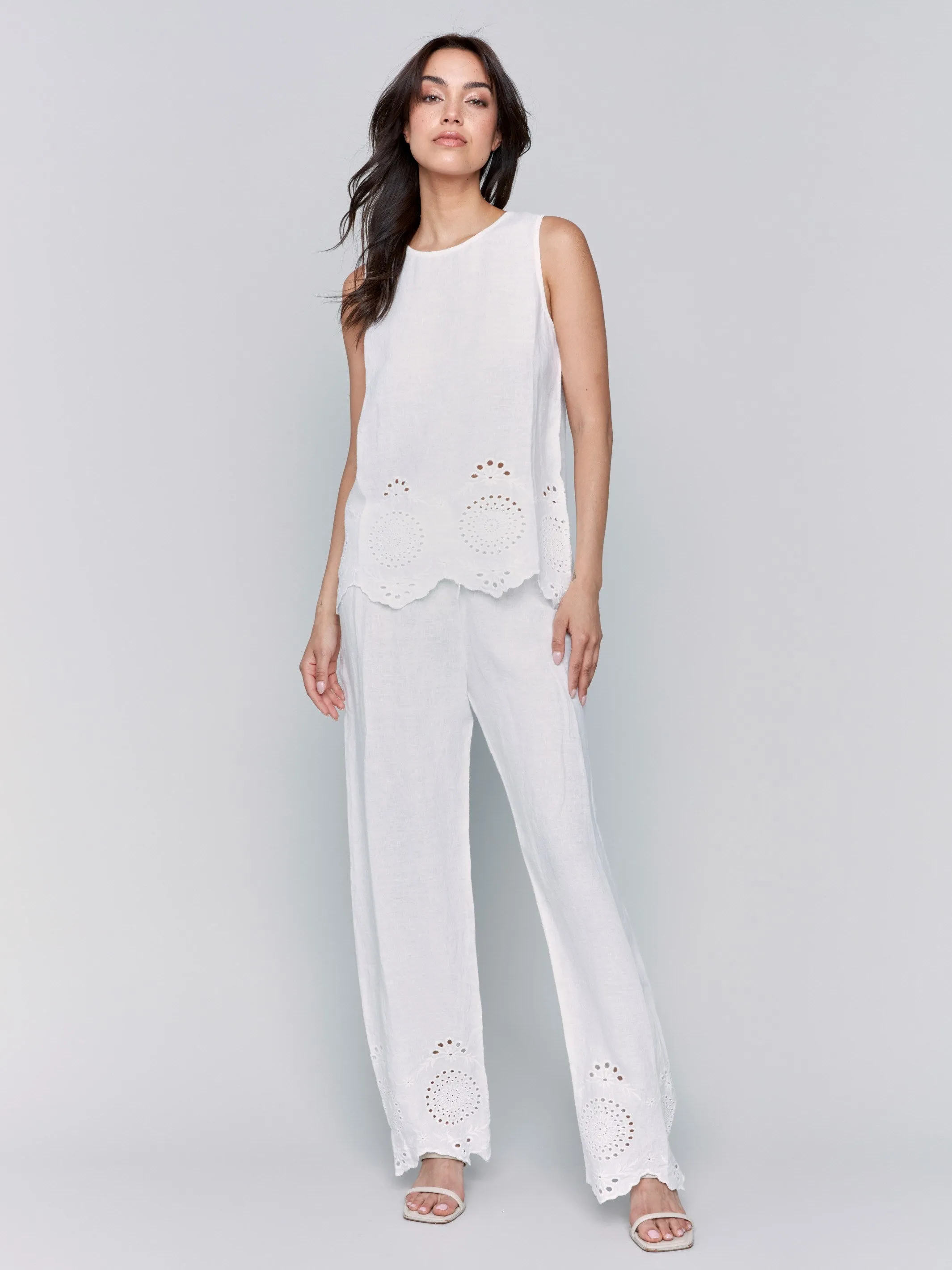 Sleeveless Linen Top with Eyelet Embroidery - White