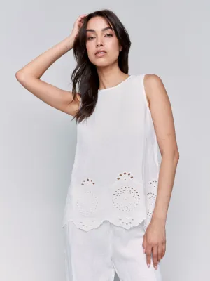 Sleeveless Linen Top with Eyelet Embroidery - White