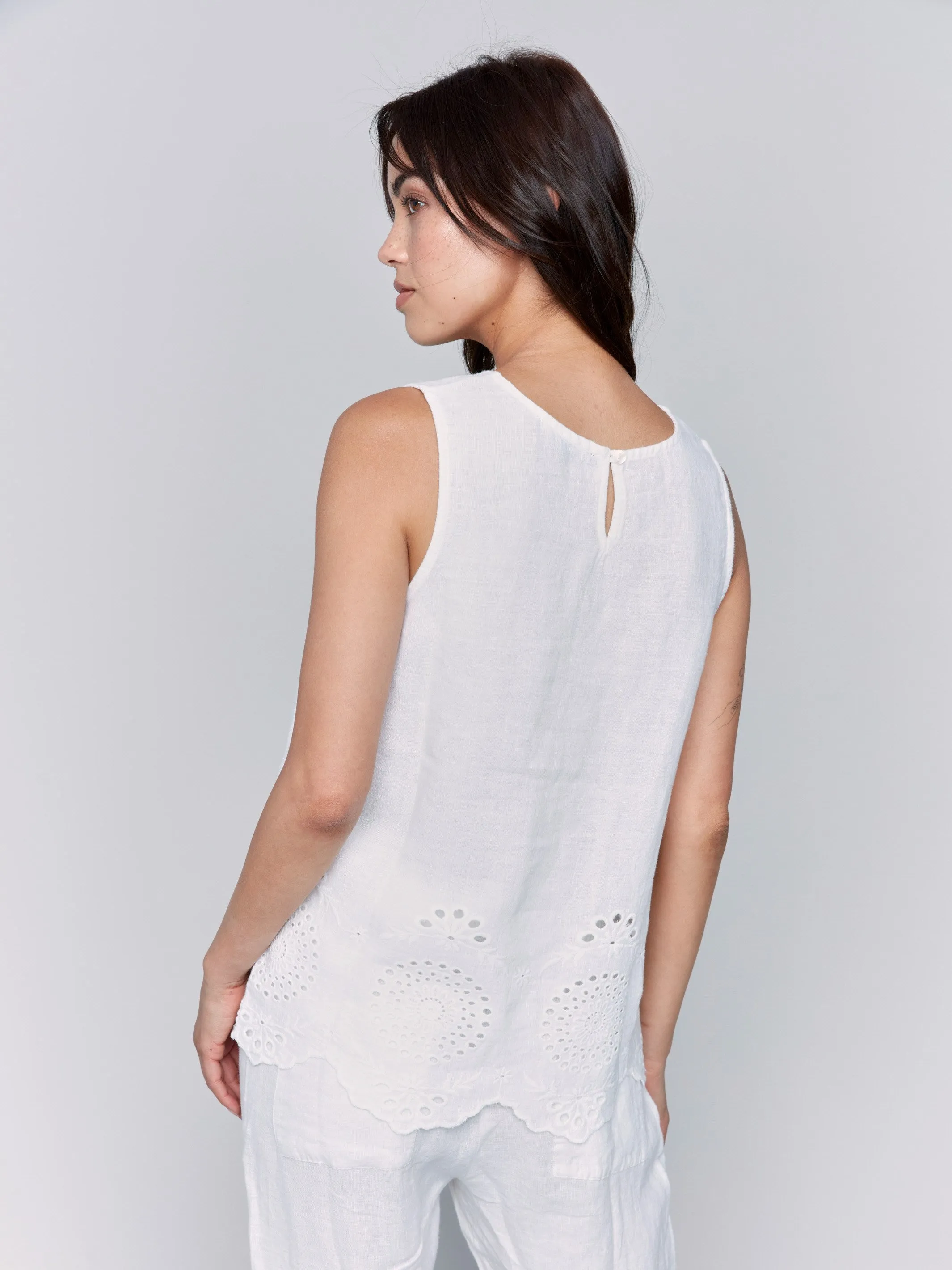 Sleeveless Linen Top with Eyelet Embroidery - White