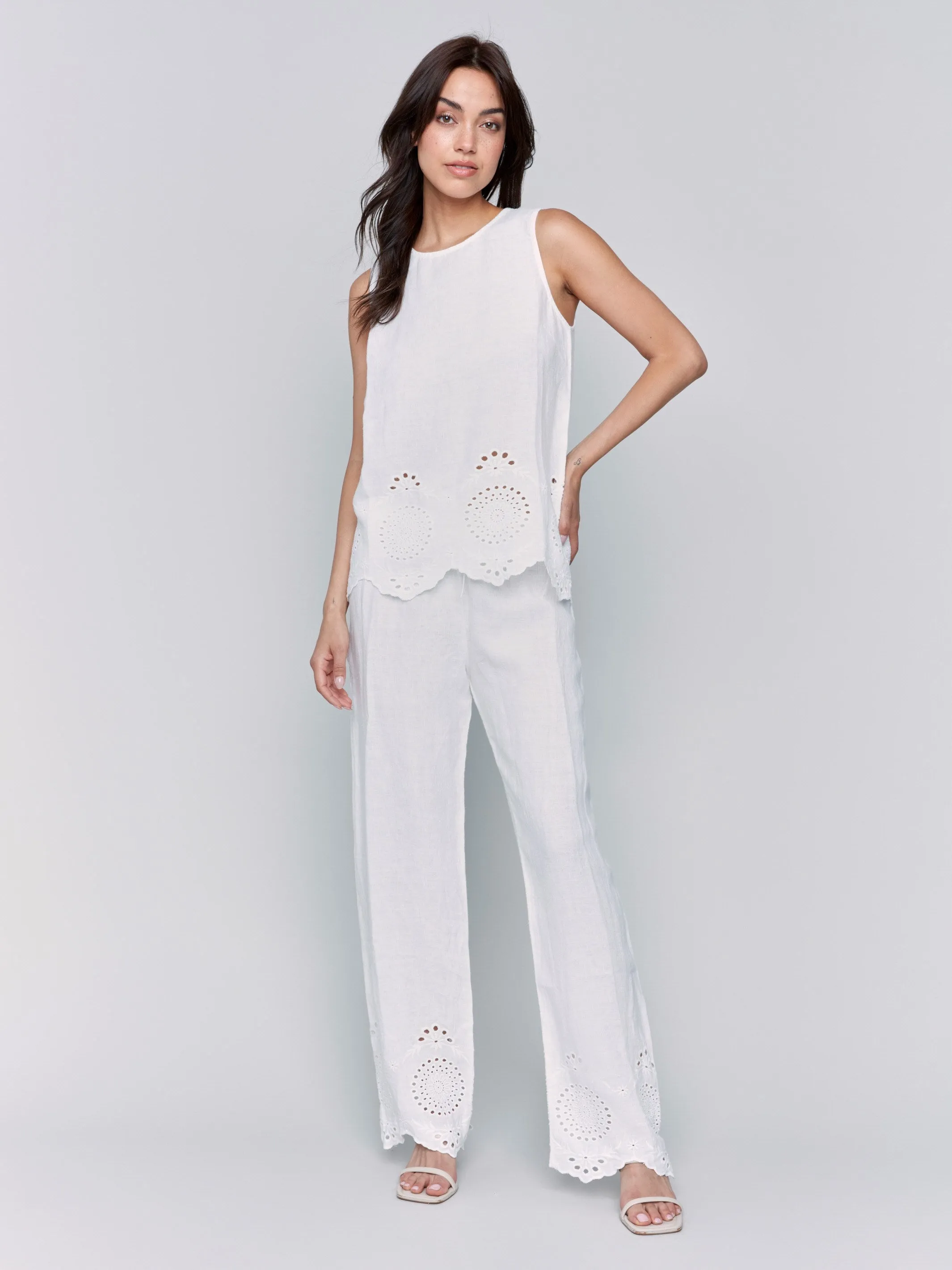 Sleeveless Linen Top with Eyelet Embroidery - White