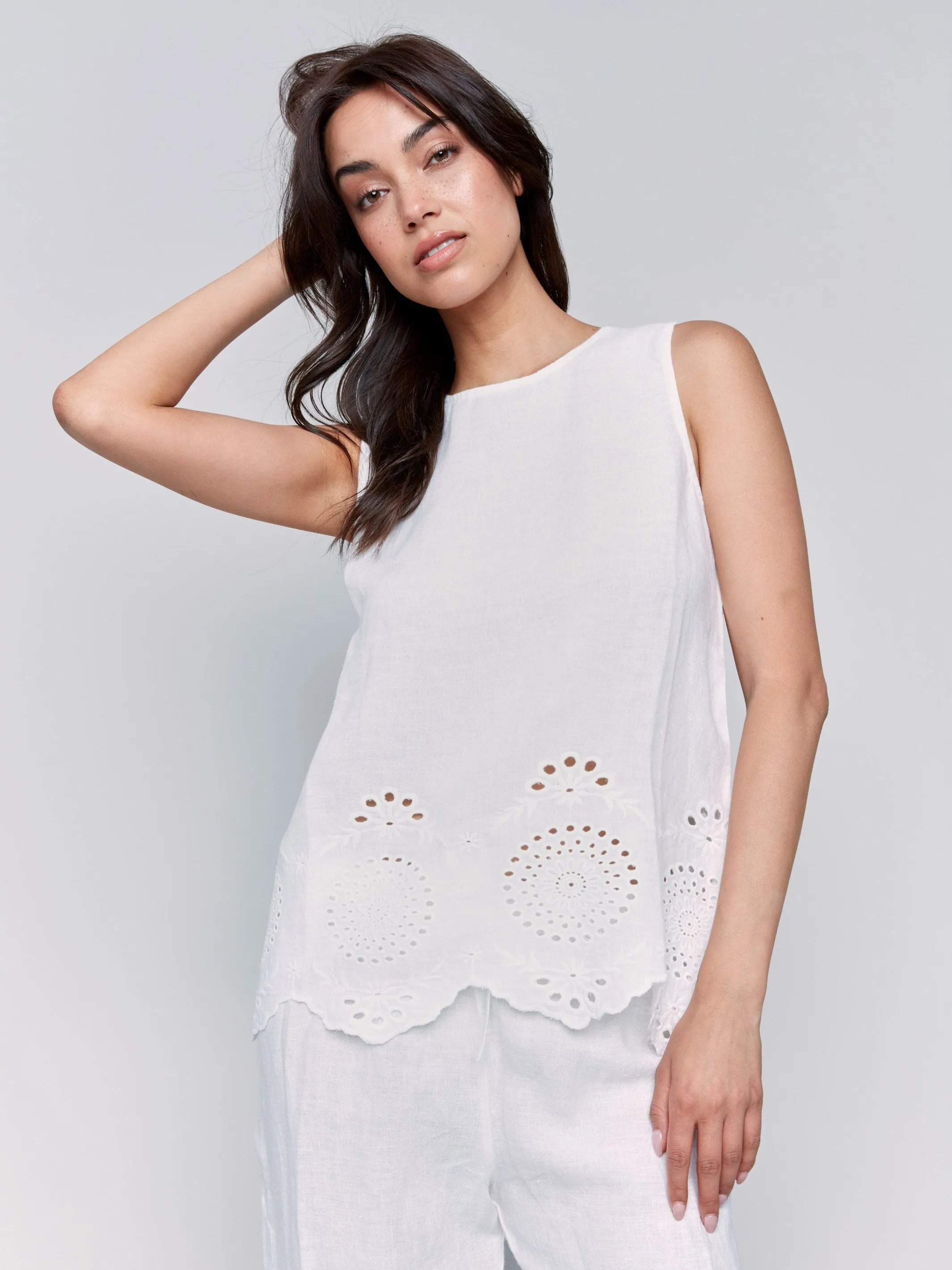 Sleeveless Linen Top with Eyelet Embroidery - White