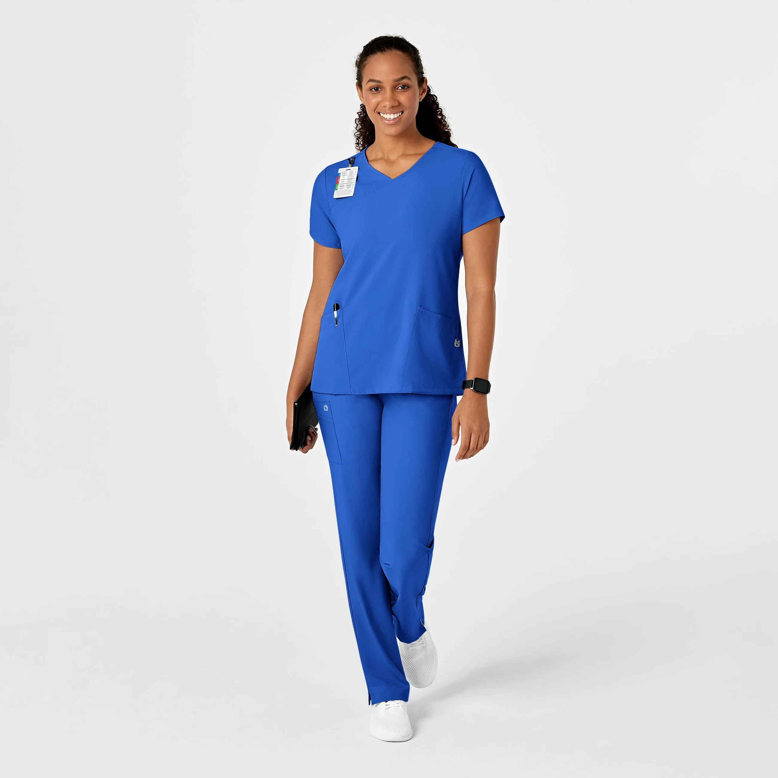 W123 Women's Y-Neck Wrap Scrub Top - Royal