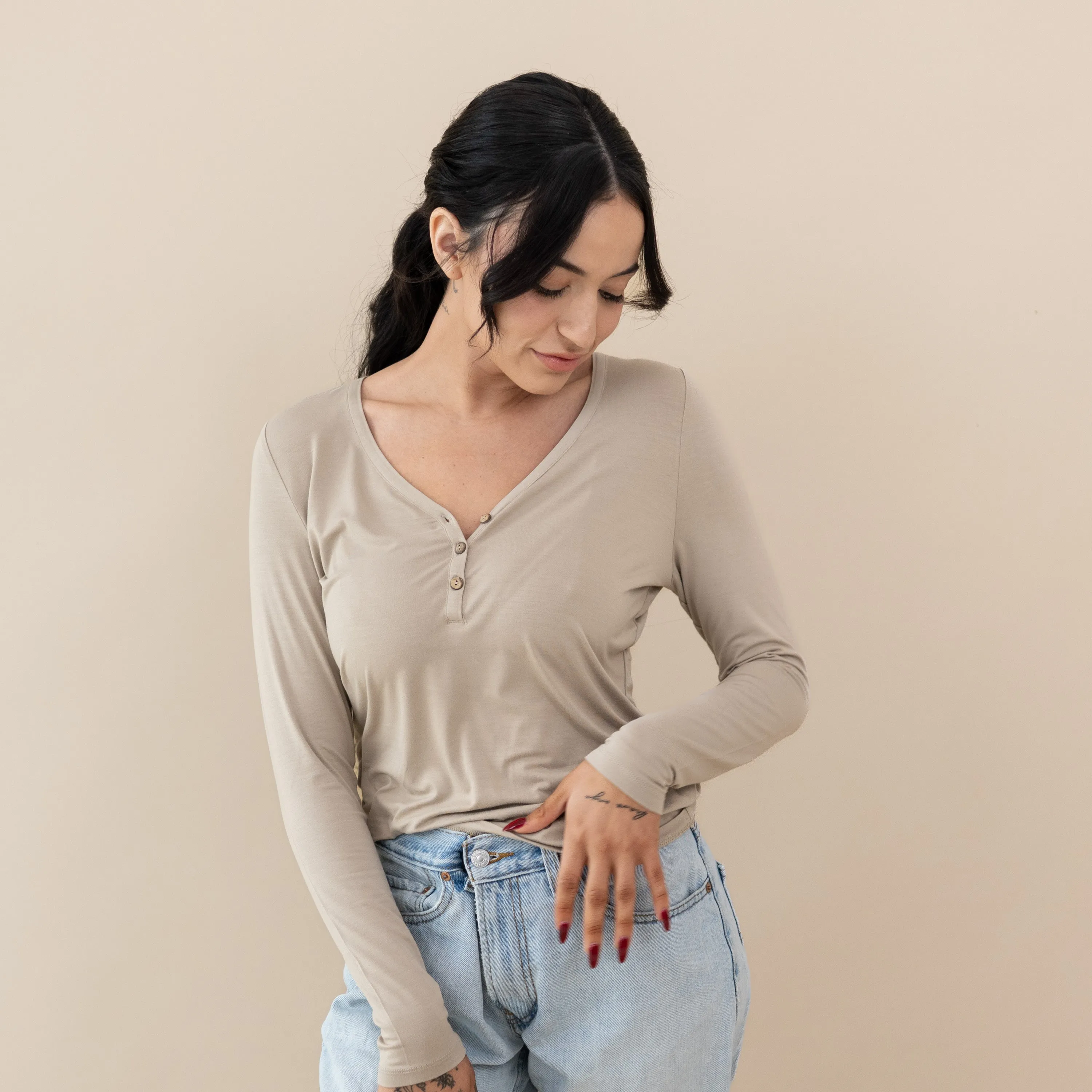 Women's Long Sleeve Henley Tee in Almond